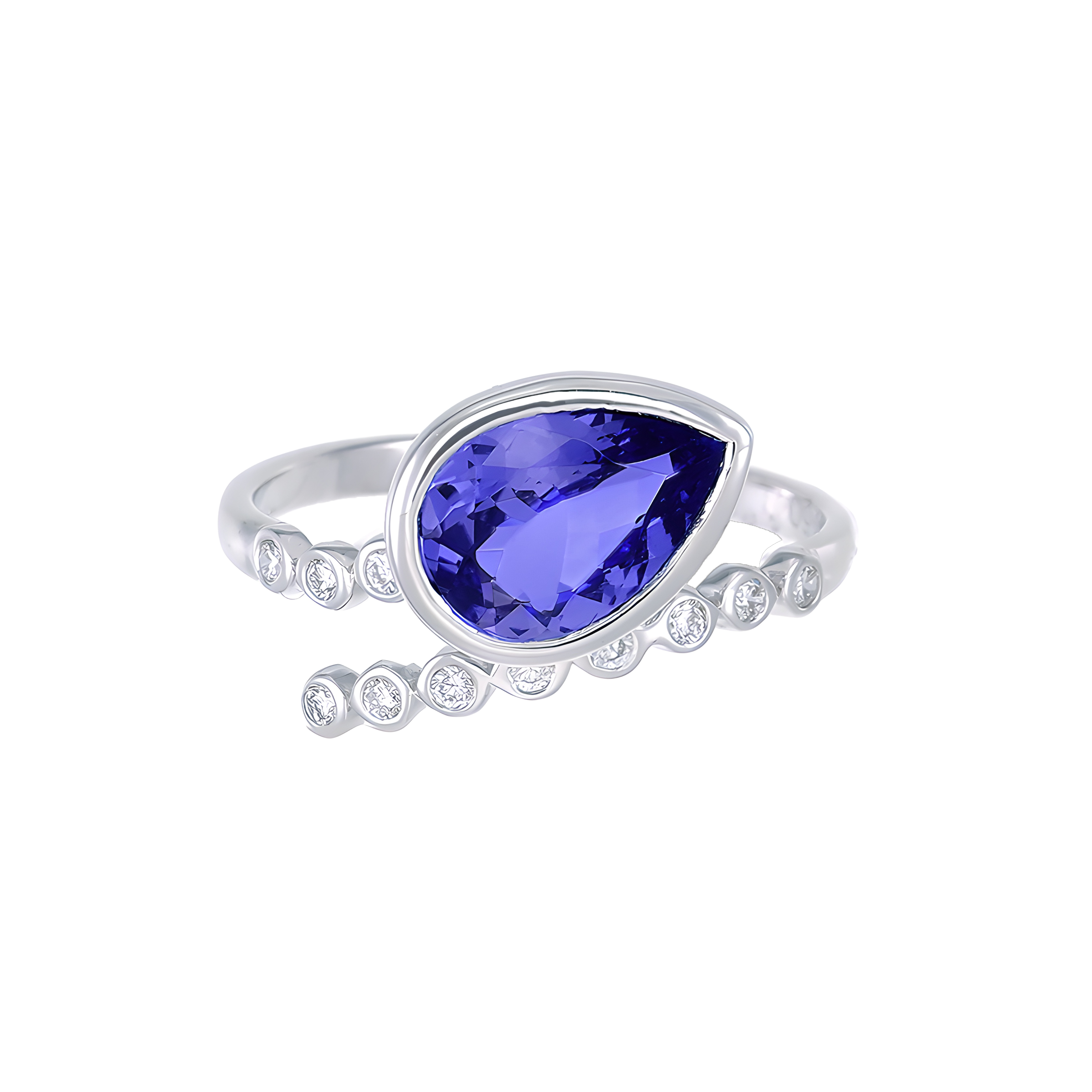 Contemporary Tanzanite and Diamond Bezel Ring in 18k White Gold