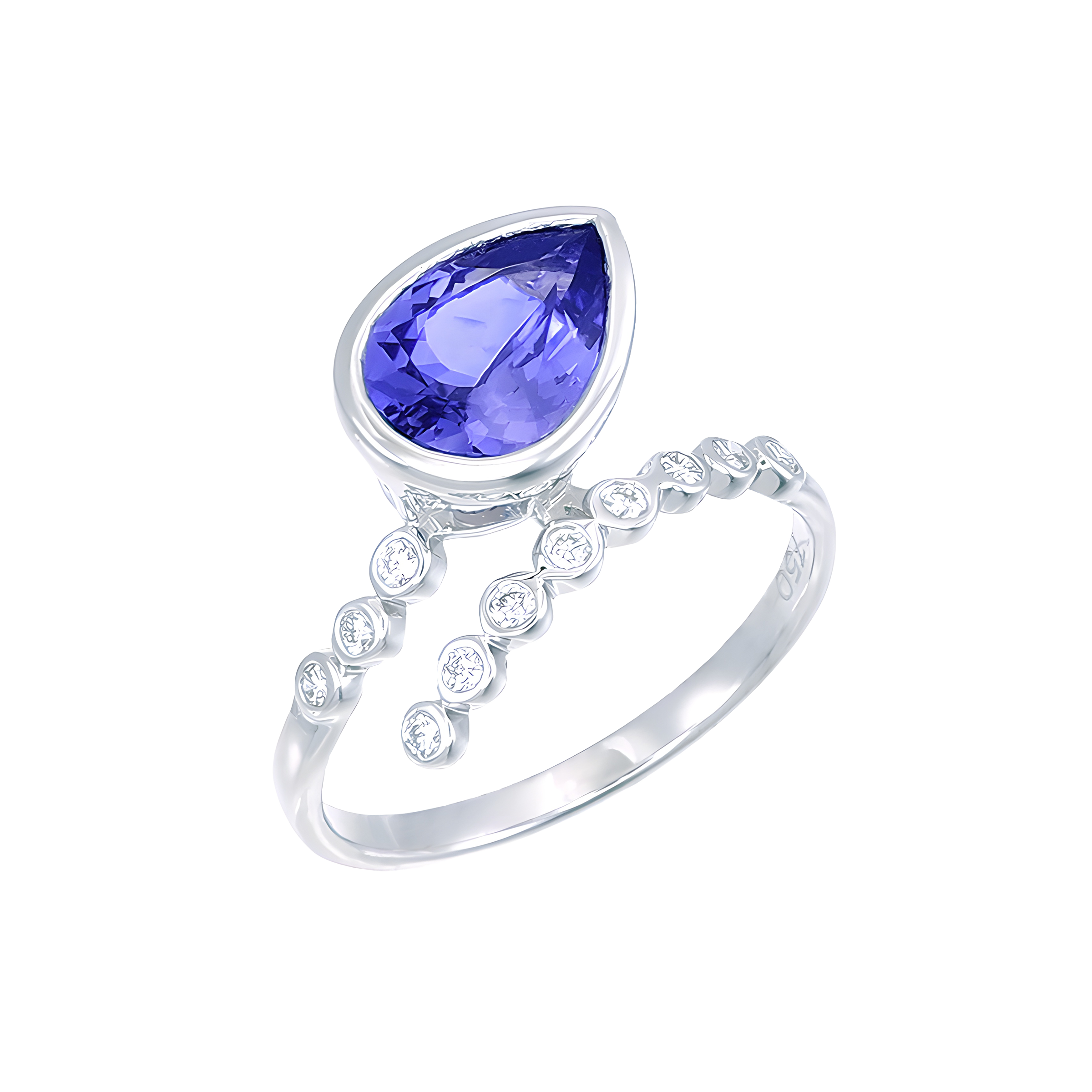 Contemporary Tanzanite and Diamond Bezel Ring in 18k White Gold