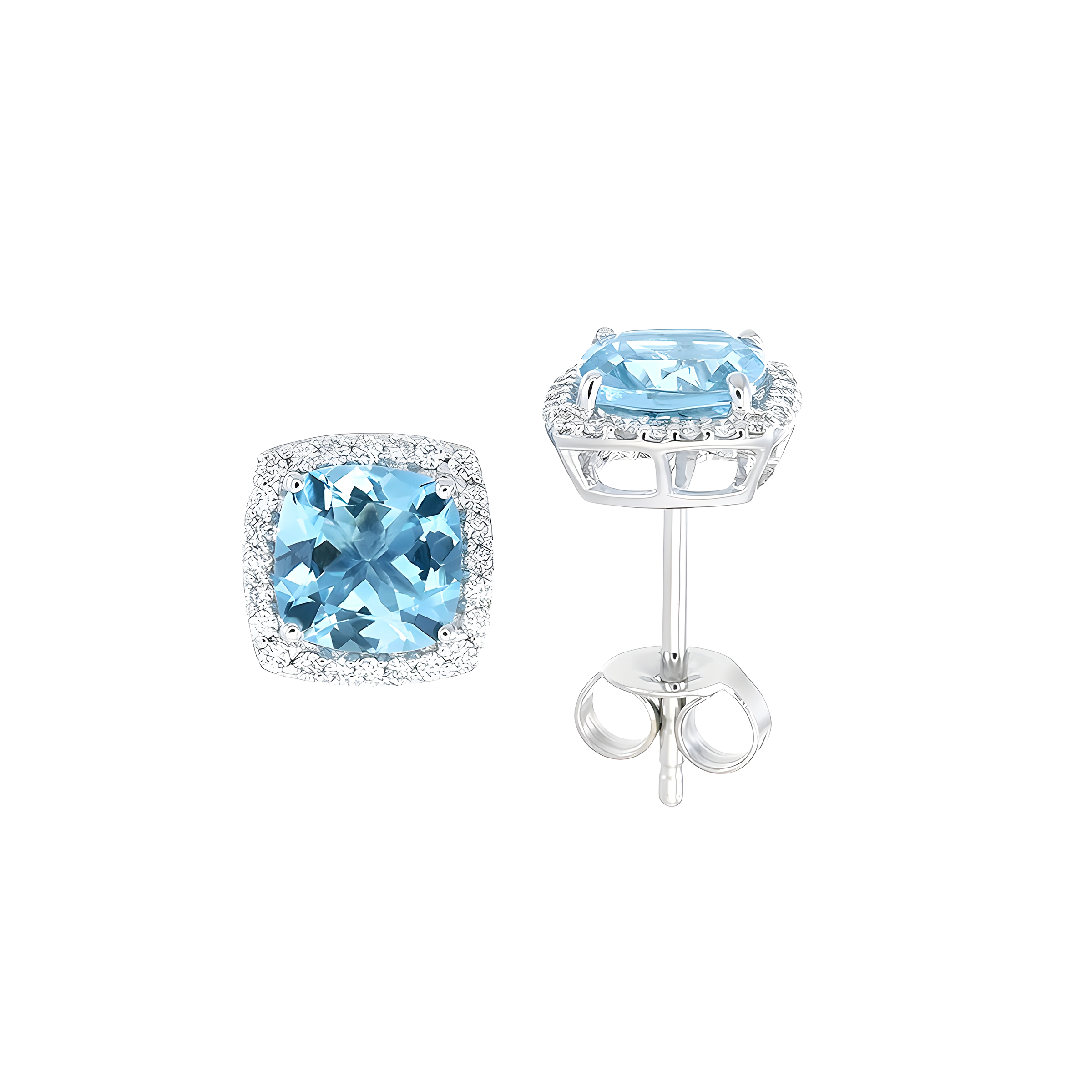 Cushion Aquamarine And Diamond Halo Stud Earring in 18k White Gold