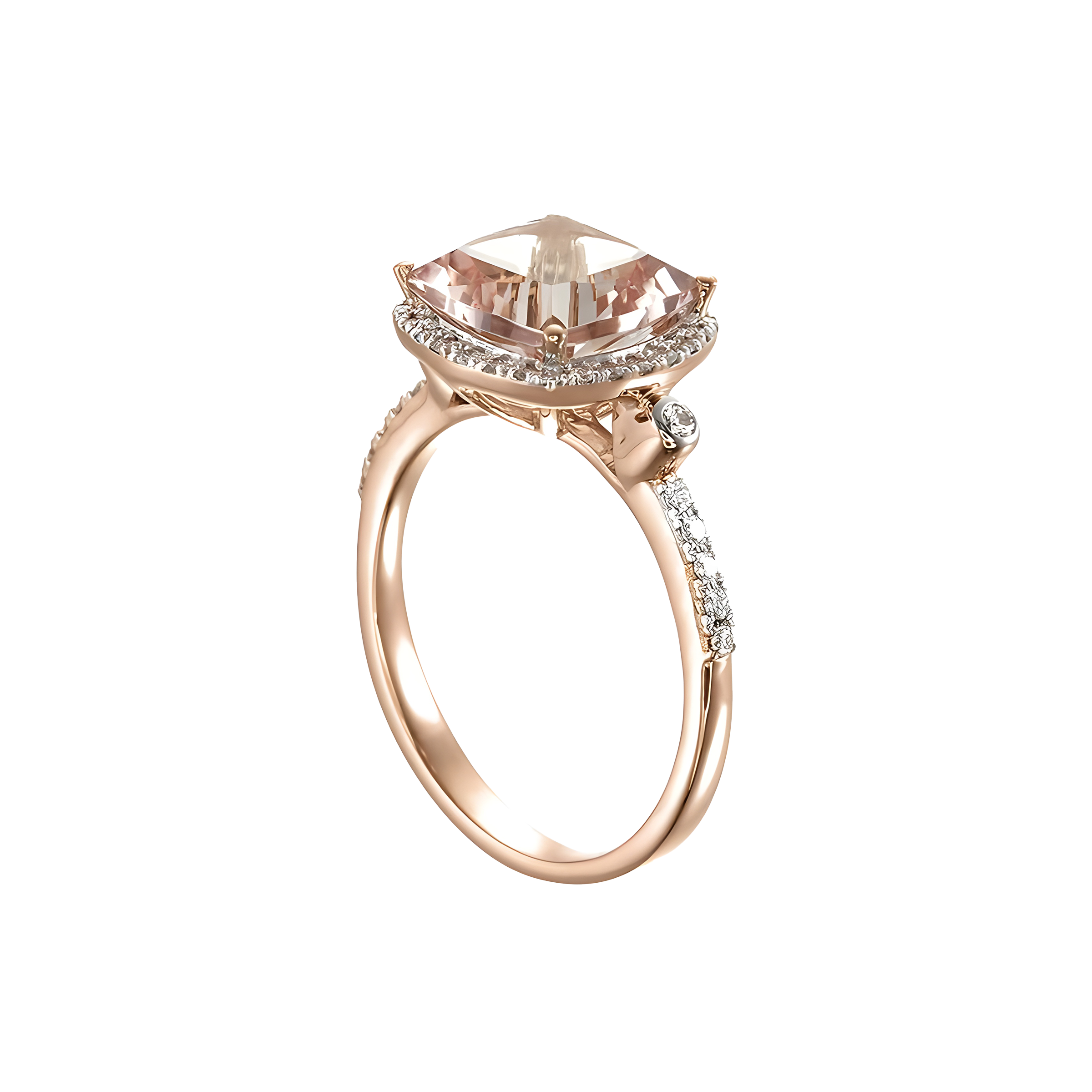 Cushion Morganite and Diamond Halo Luxury Ring in 18k Rose Gold