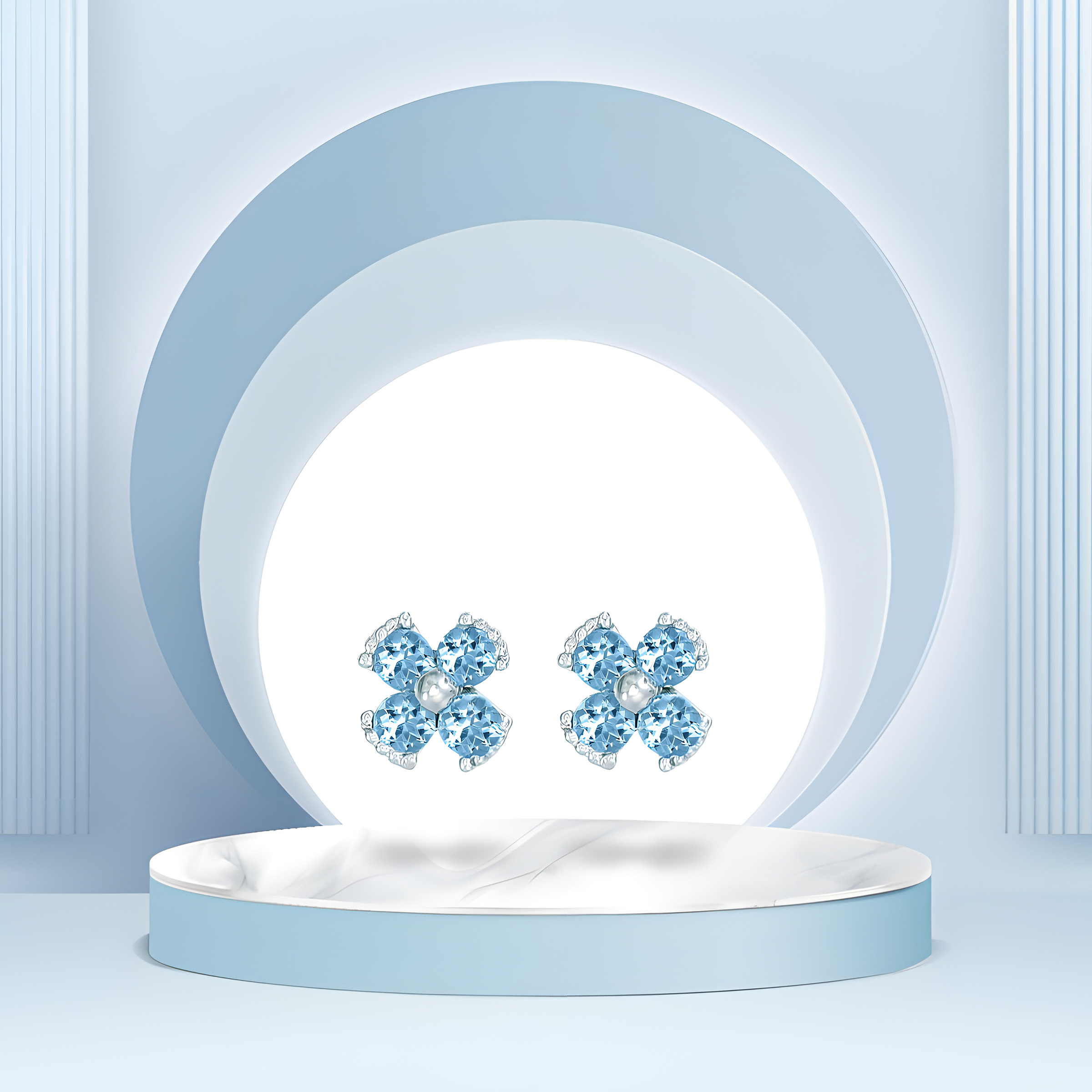 Dainty Floral Blue Topaz Stud Earrings in 18k White Gold