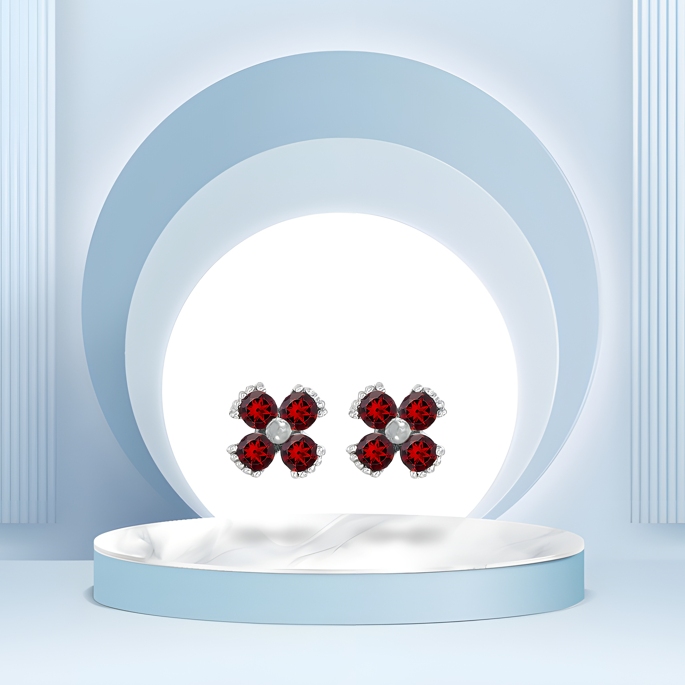 Dainty Floral Garnet Stud Earrings in 18k White Gold
