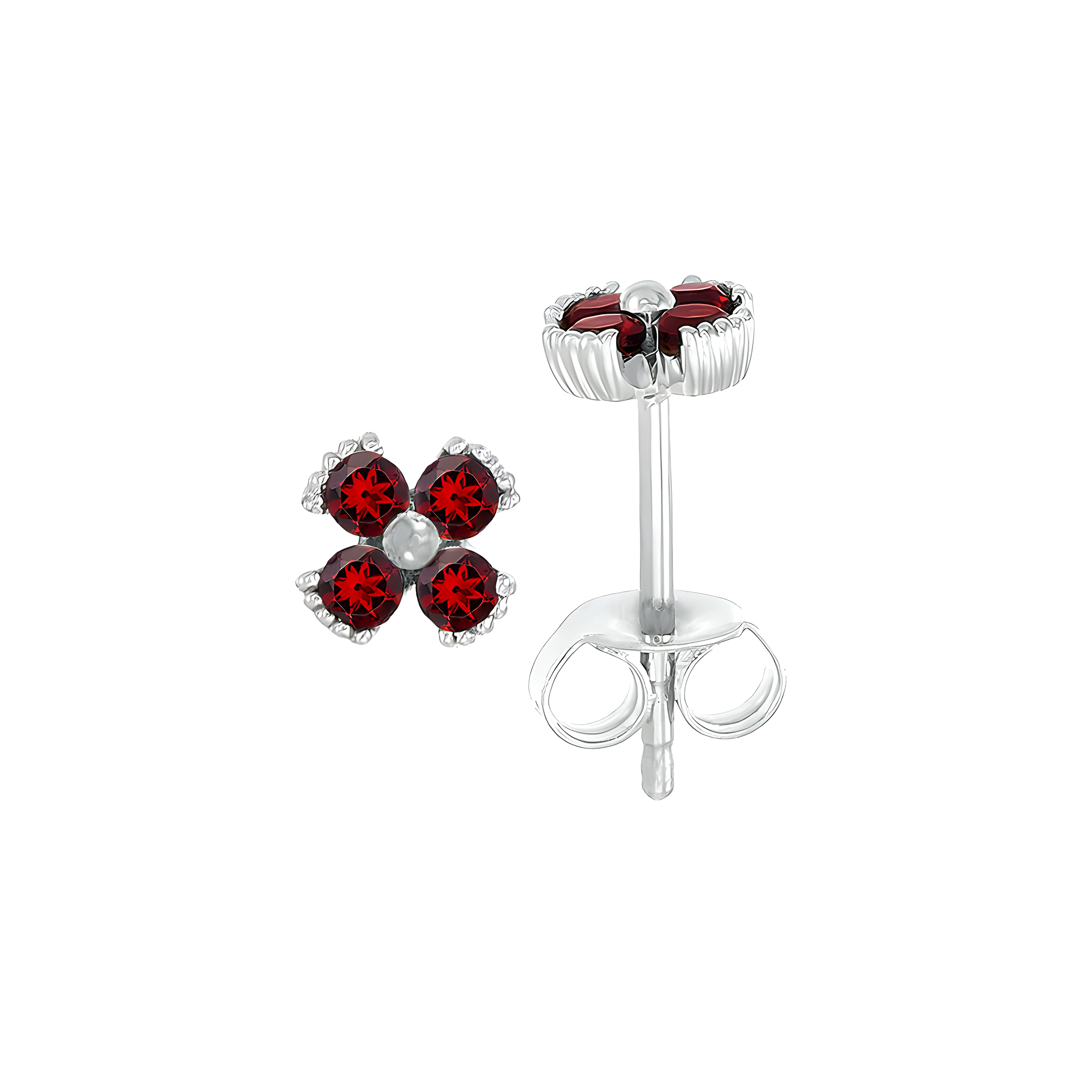 Dainty Floral Garnet Stud Earrings in 18k White Gold