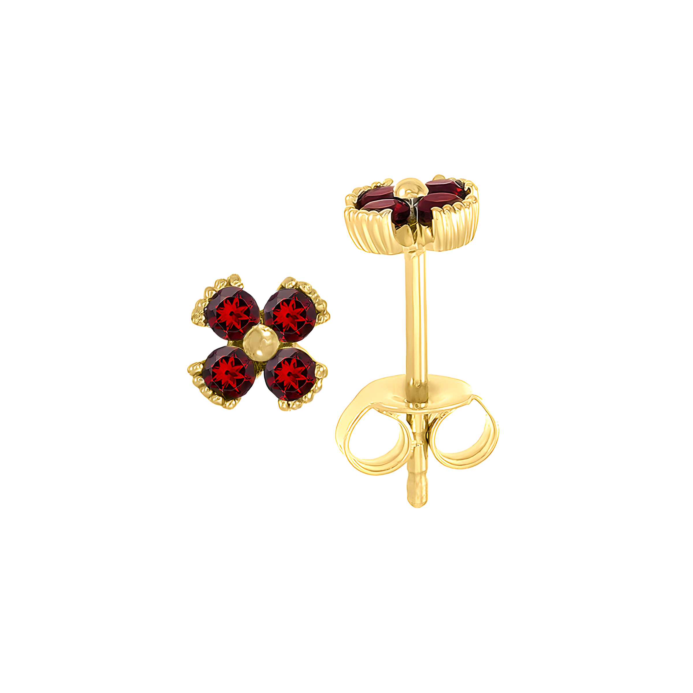 Dainty Floral Garnet Stud Earrings in 18k Yellow Gold