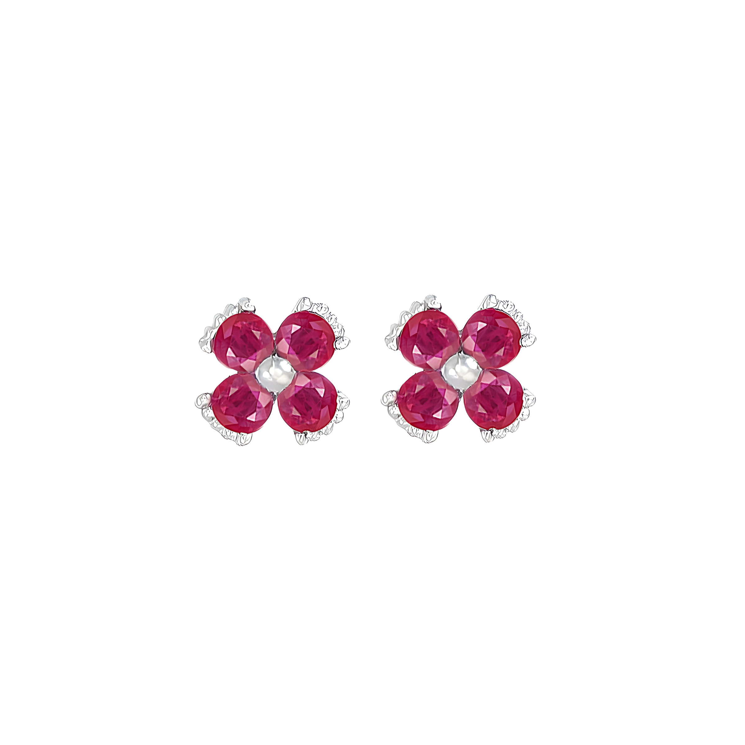 Dainty Floral Ruby Stud Earrings in 18k White Gold