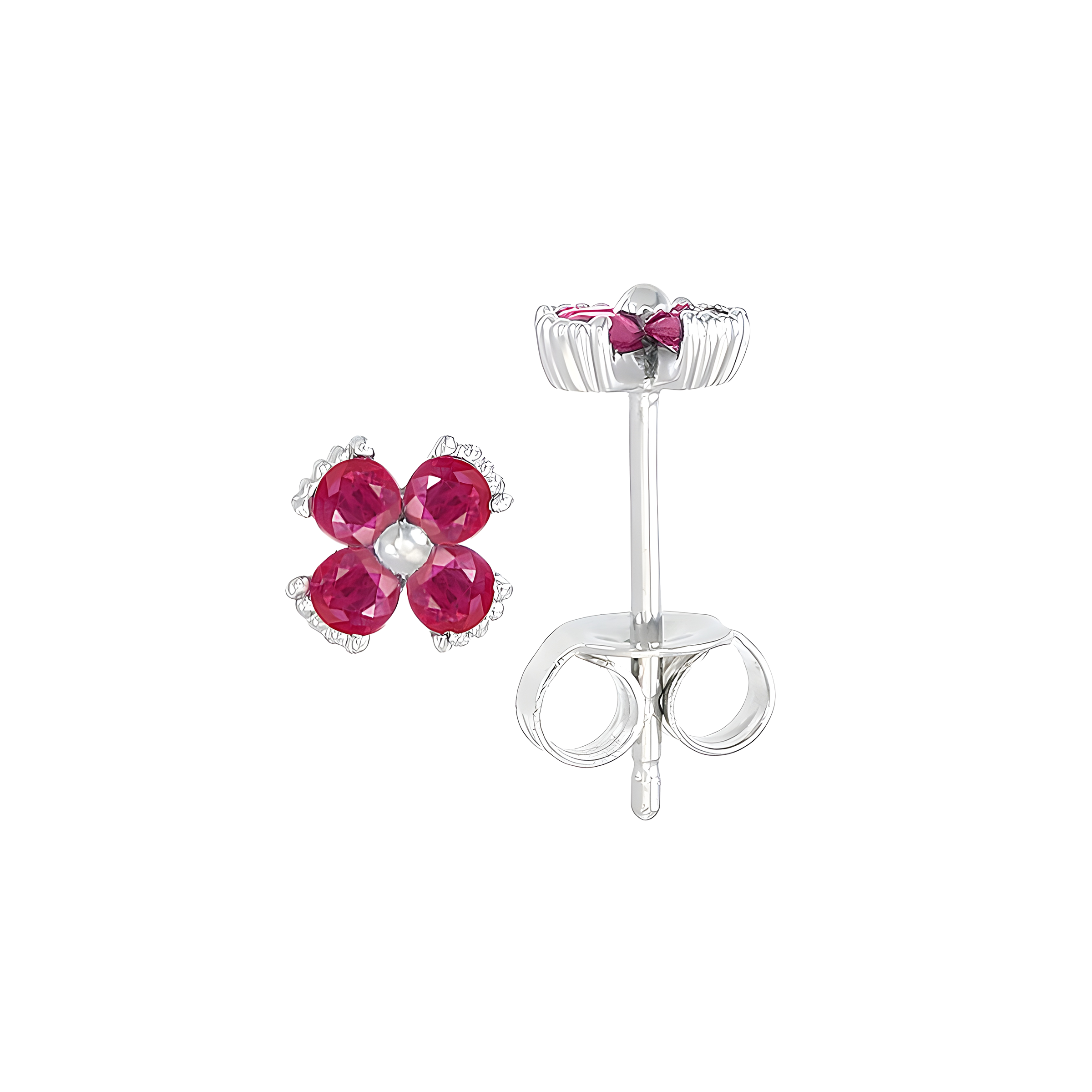 Dainty Floral Ruby Stud Earrings in 18k White Gold