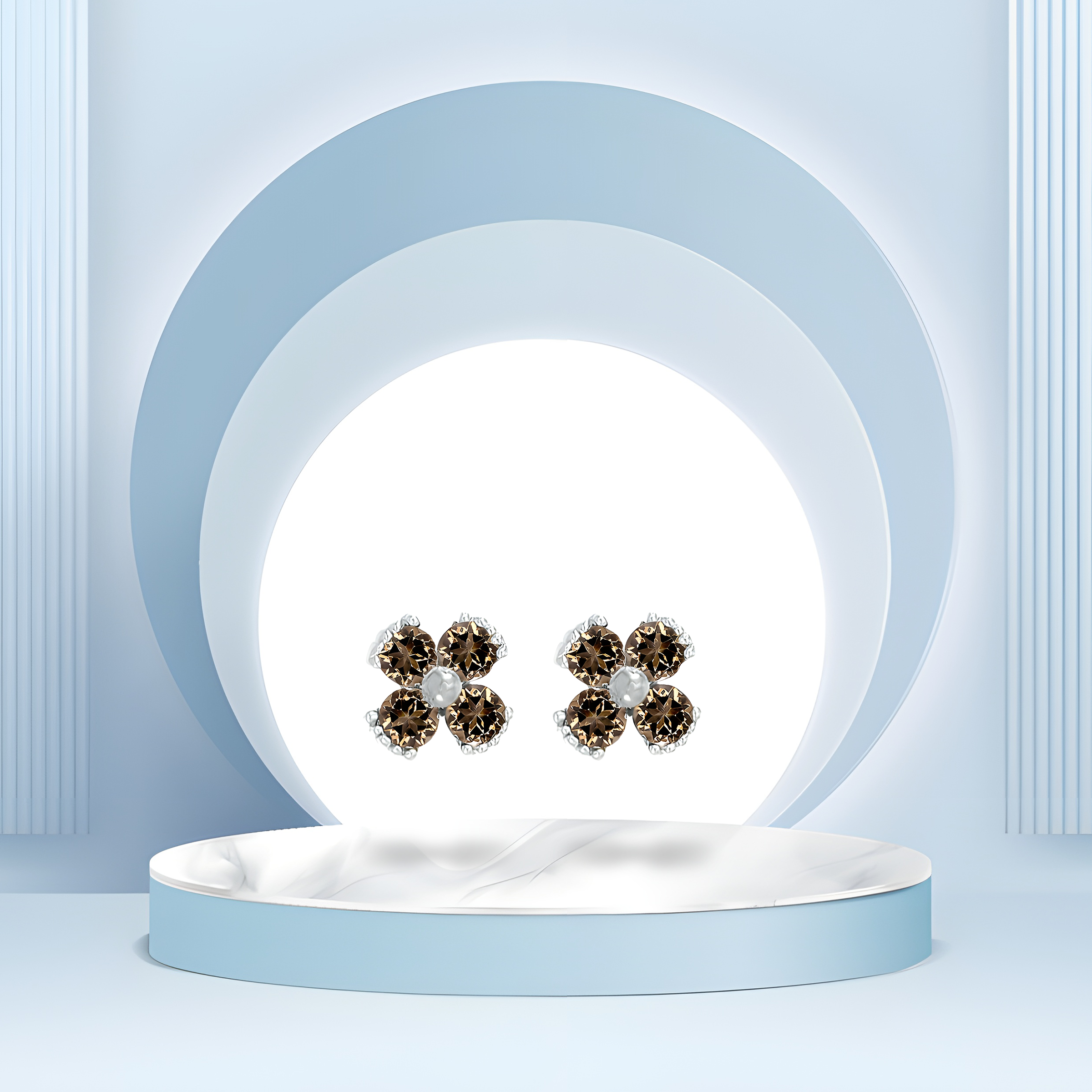 Dainty Floral Smoky Quartz Stud Earrings in 18K White Gold