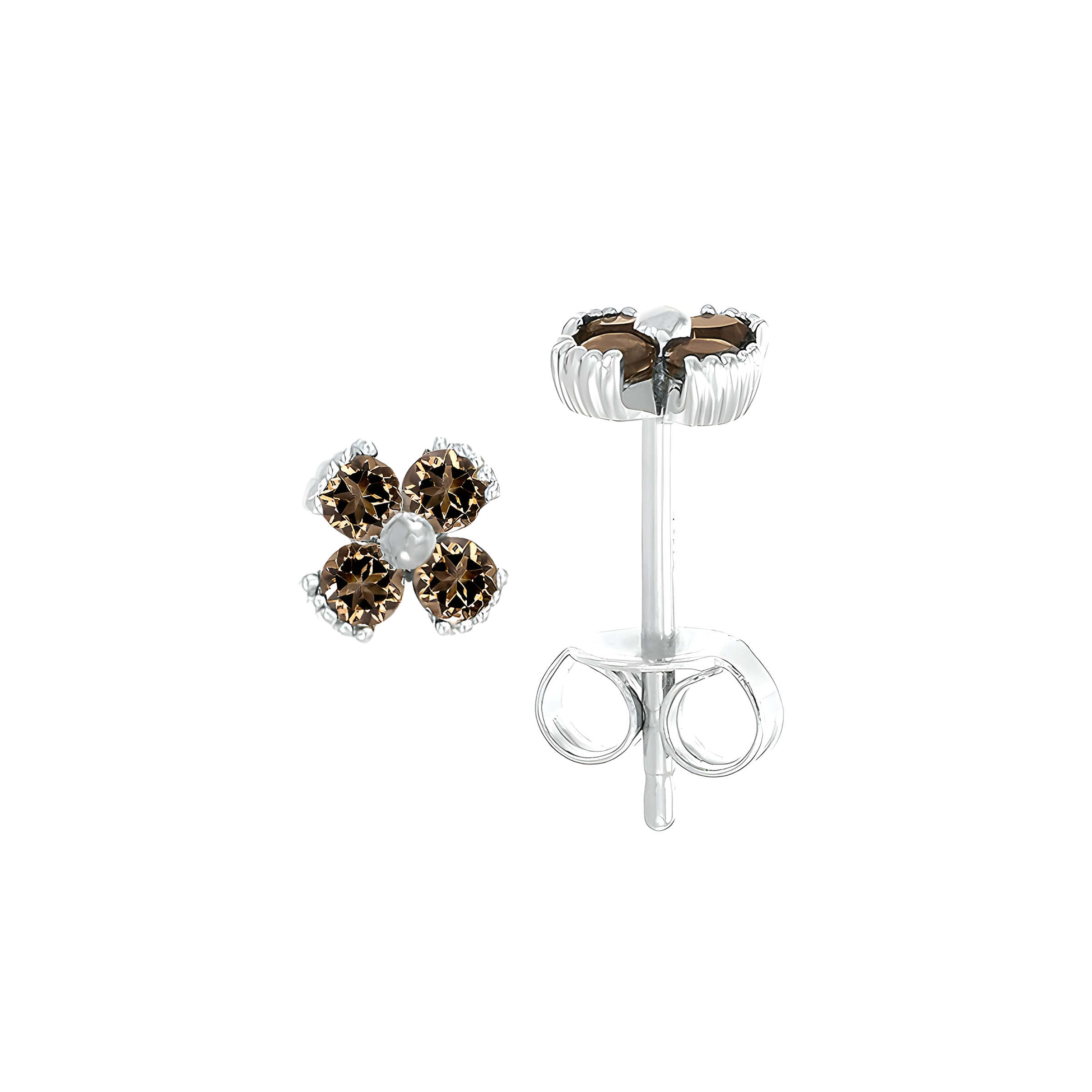 Dainty Floral Smoky Quartz Stud Earrings in 18K White Gold