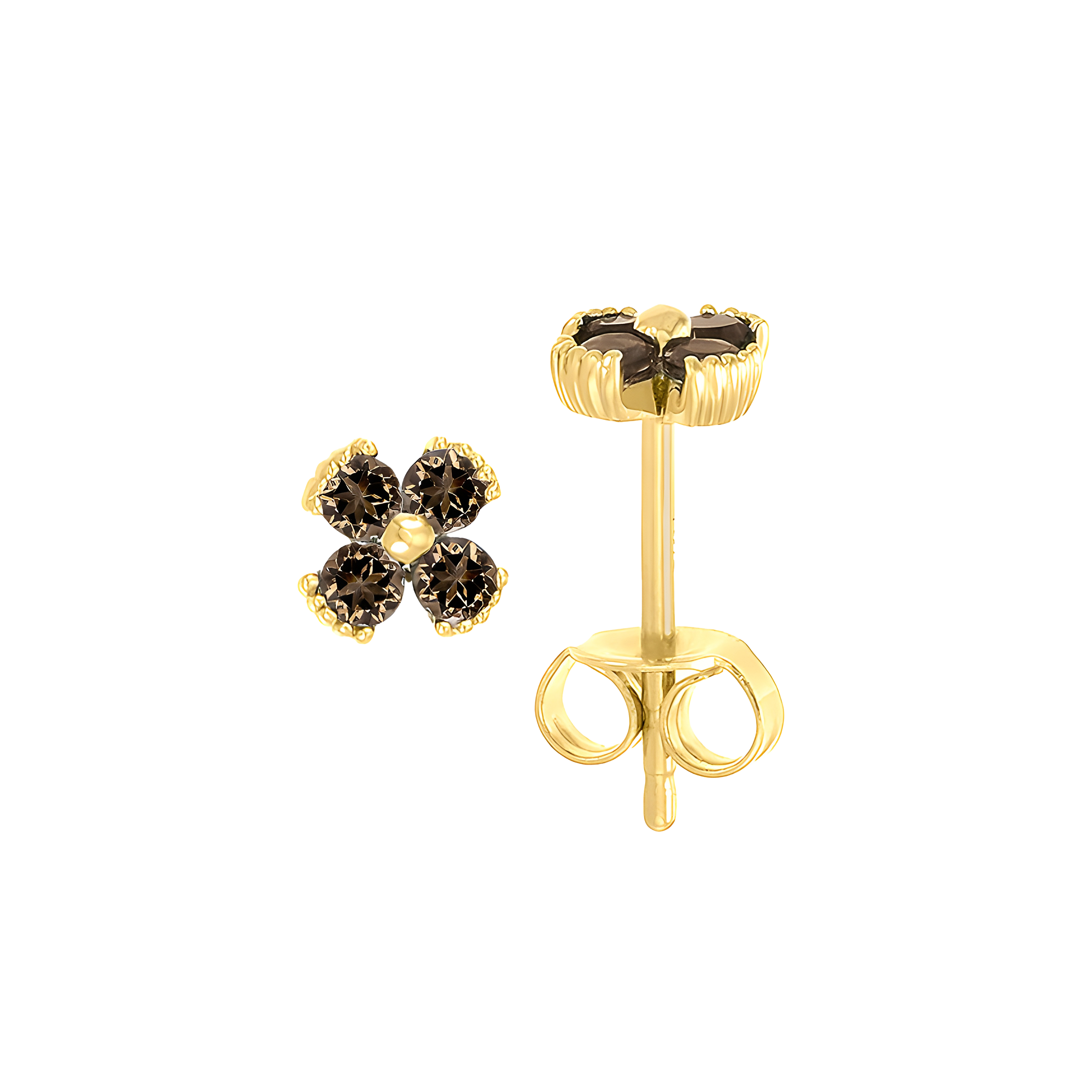 Dainty Floral Smoky Quartz Stud Earrings in 18k Yellow Gold