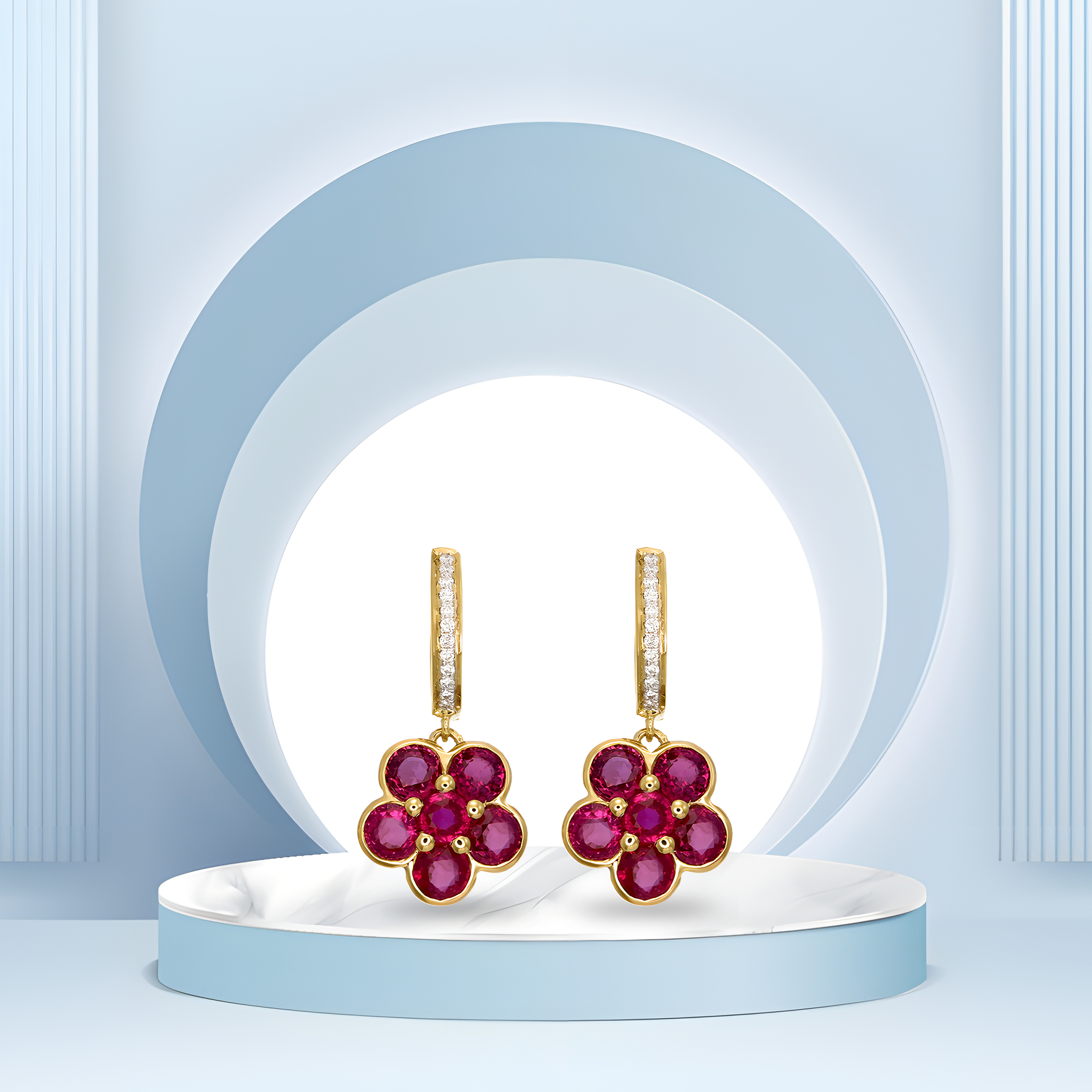 Ruby and Diamond Floral Cluster Drop Earrings in 18k Yellow Gold for Women