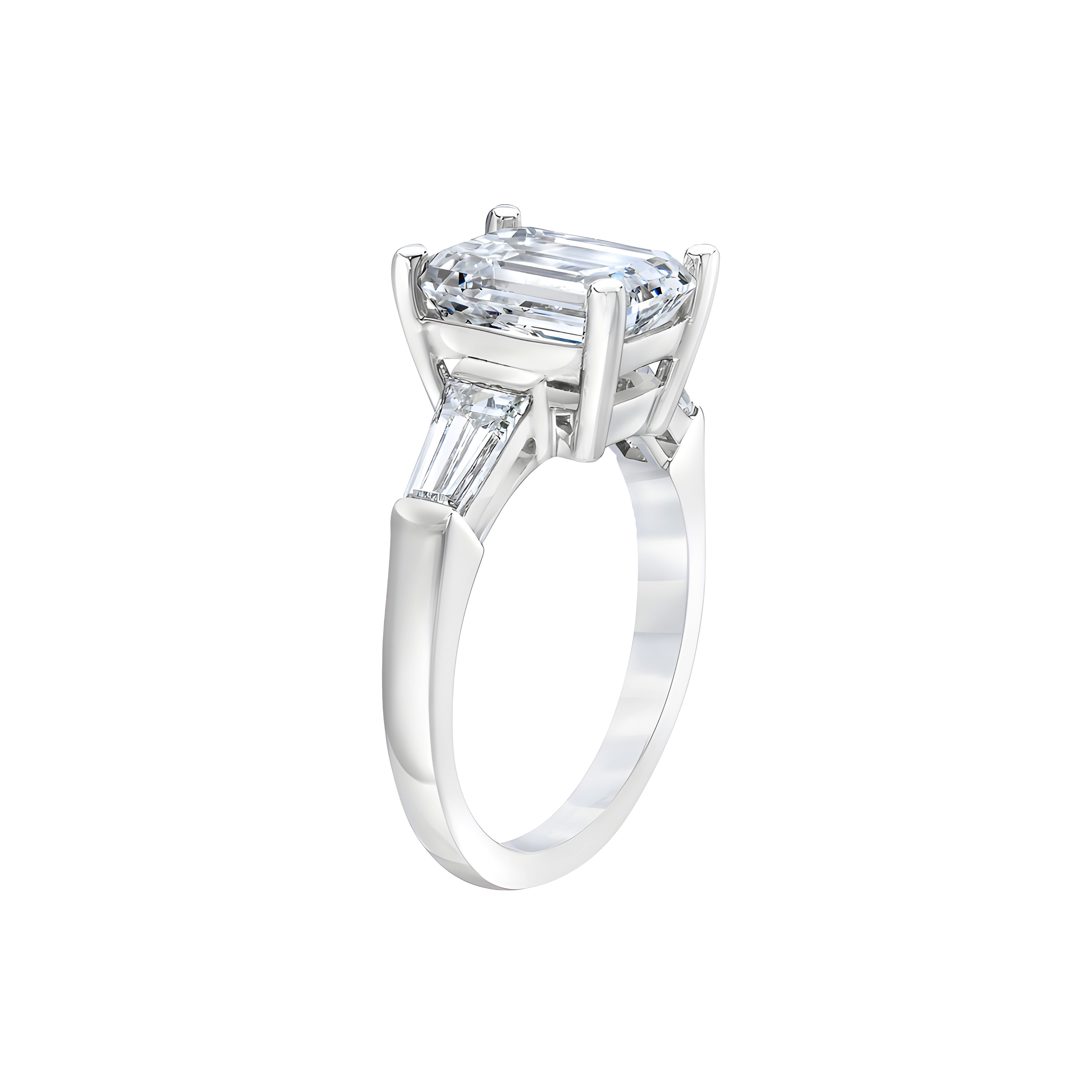 Emerald Cut Diamond Ring with Tapered Baguette Side Stones in Platinum