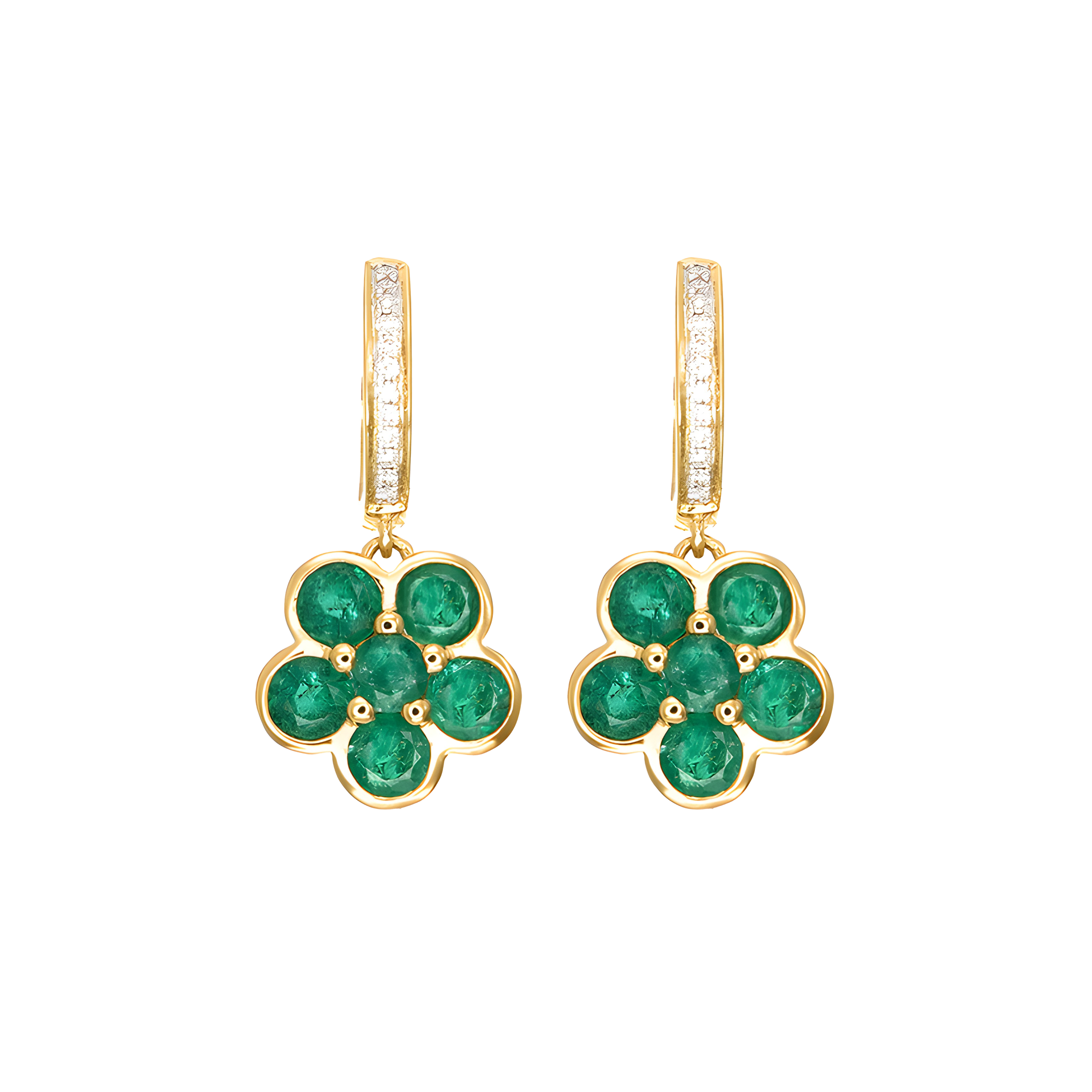 Emerald and Diamond Floral Cluster Drop Earrings in 18k Yellow Gold for Women