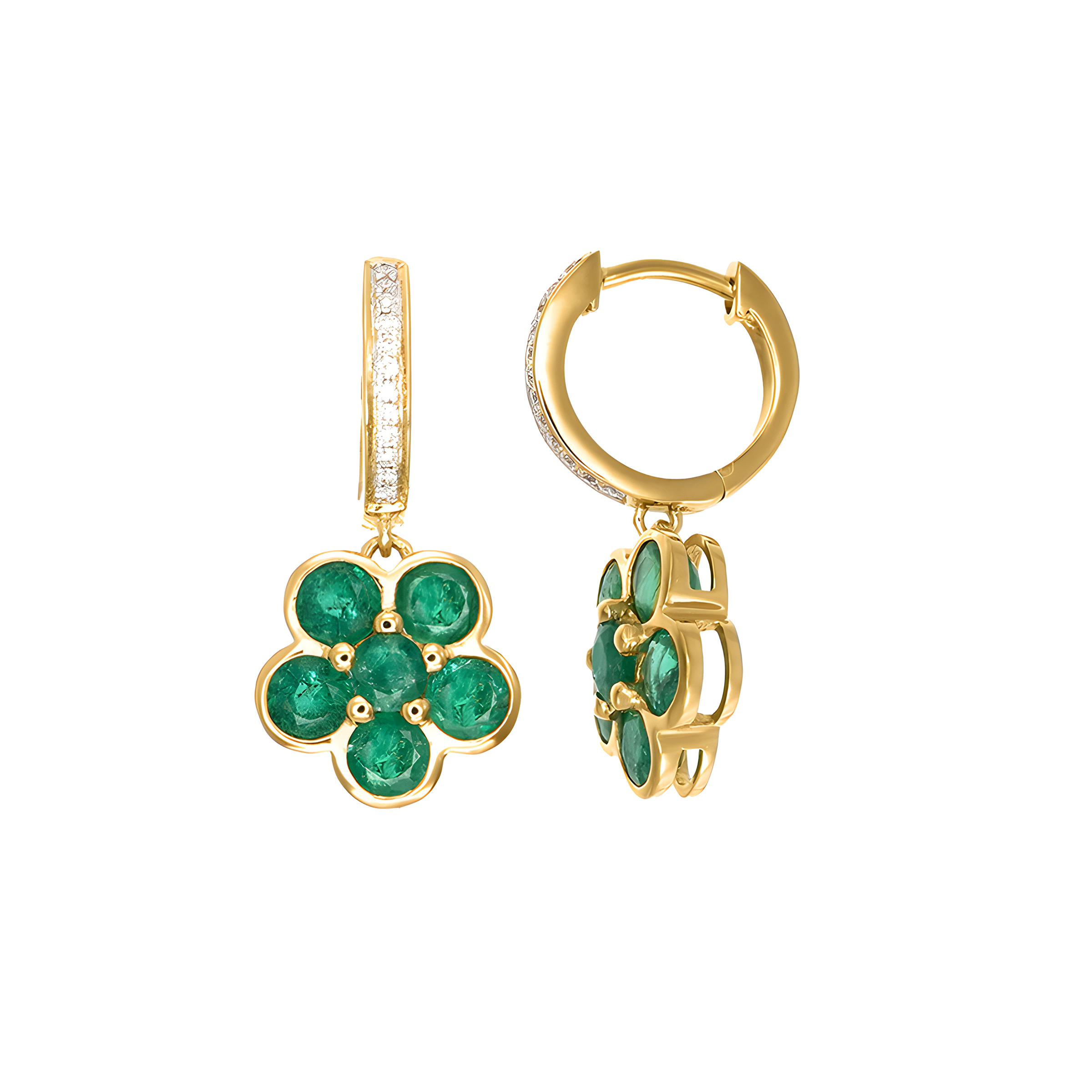 Emerald and Diamond Floral Cluster Drop Earrings in 18k Yellow Gold for Women