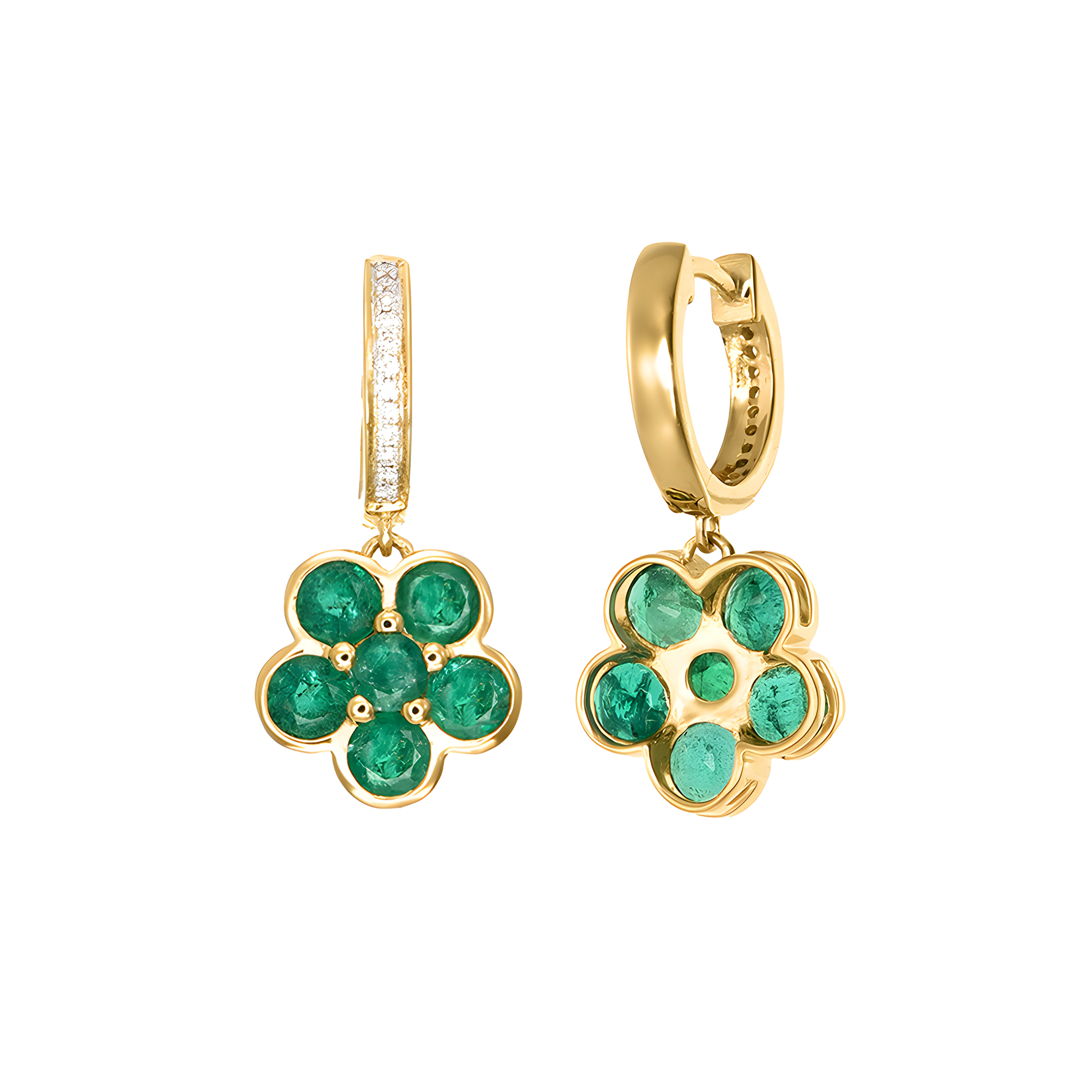 Emerald and Diamond Floral Cluster Drop Earrings in 18k Yellow Gold for Women