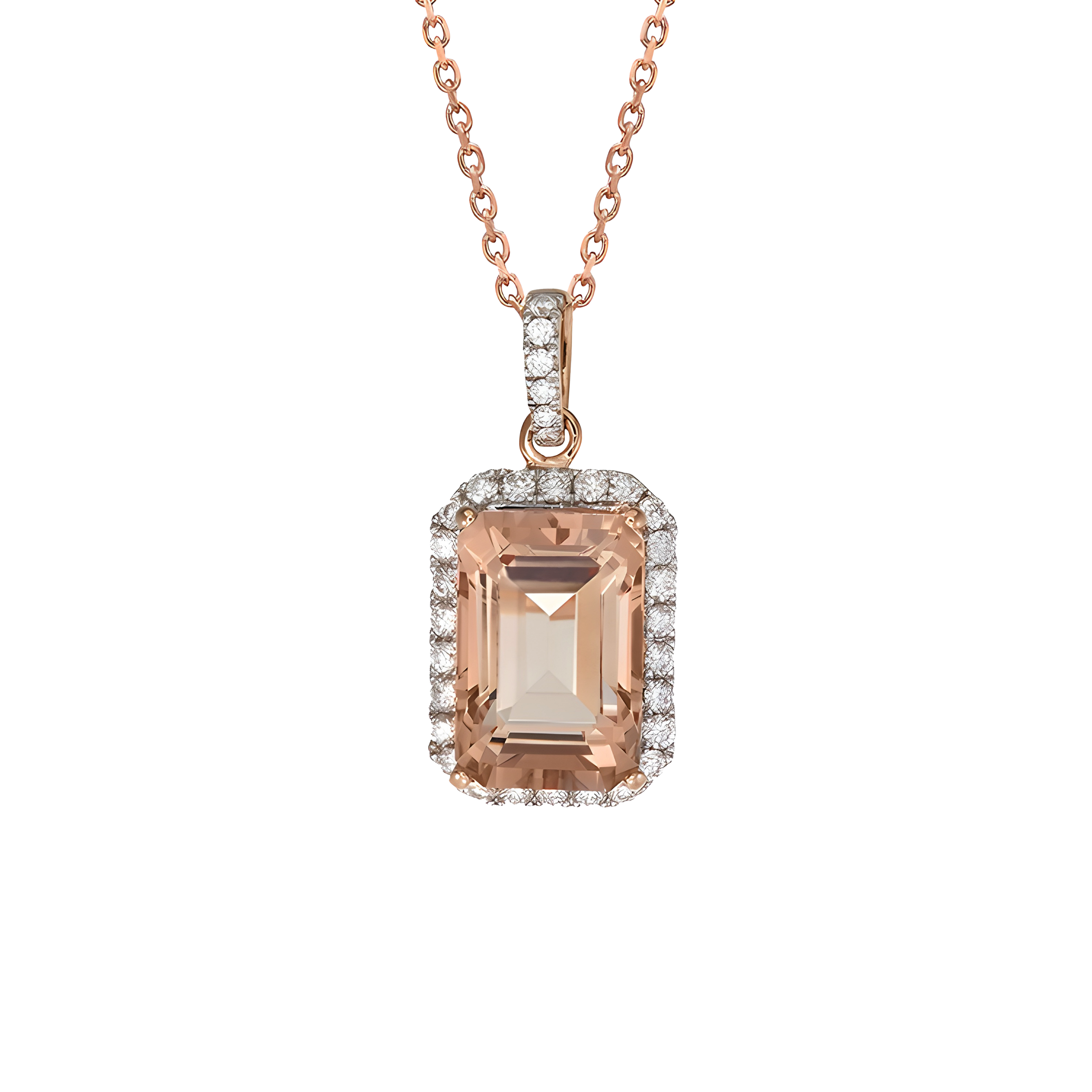 Morganite and Diamond Halo Pendant Necklace in 18k Rose Gold for Women