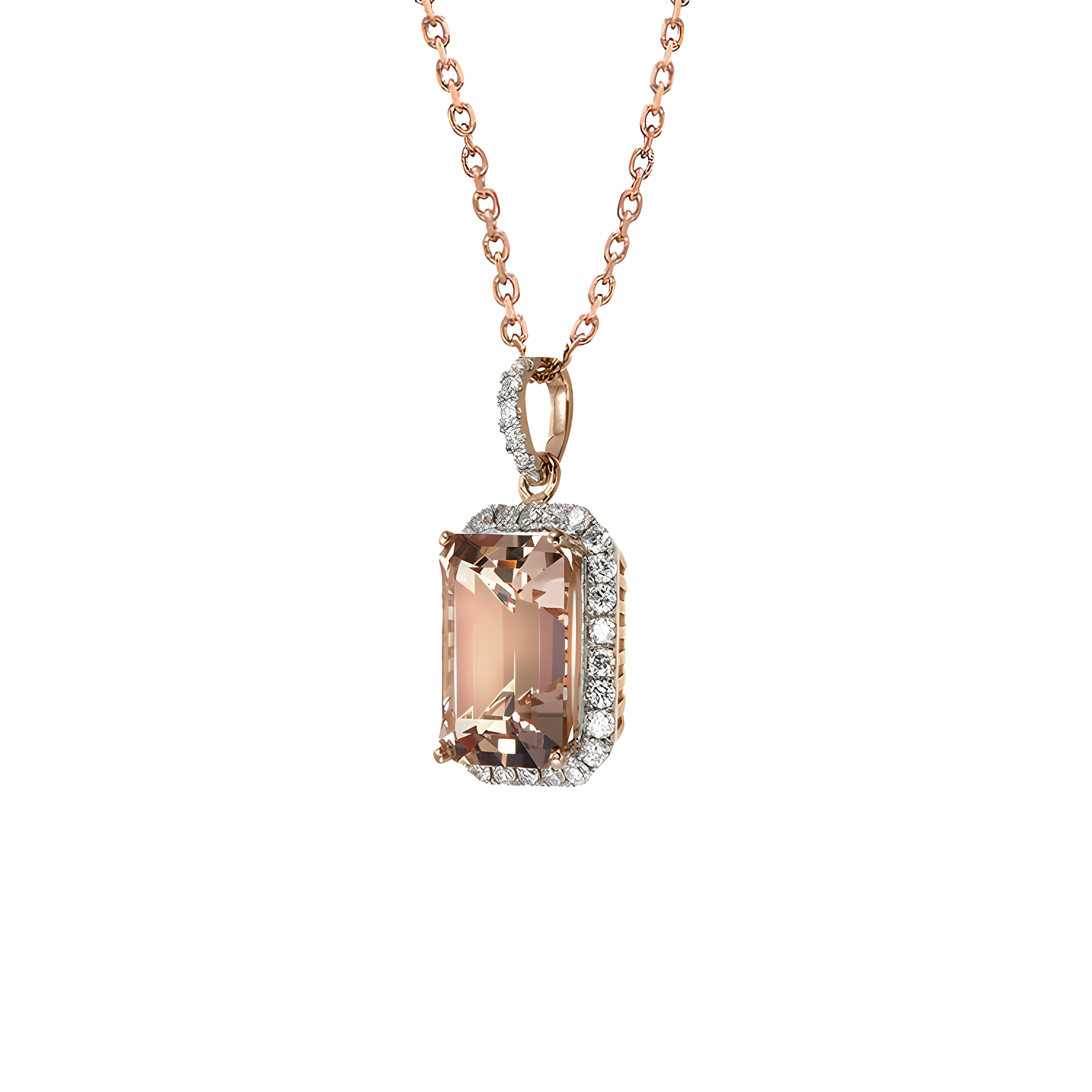 Morganite and Diamond Halo Pendant Necklace in 18k Rose Gold for Women