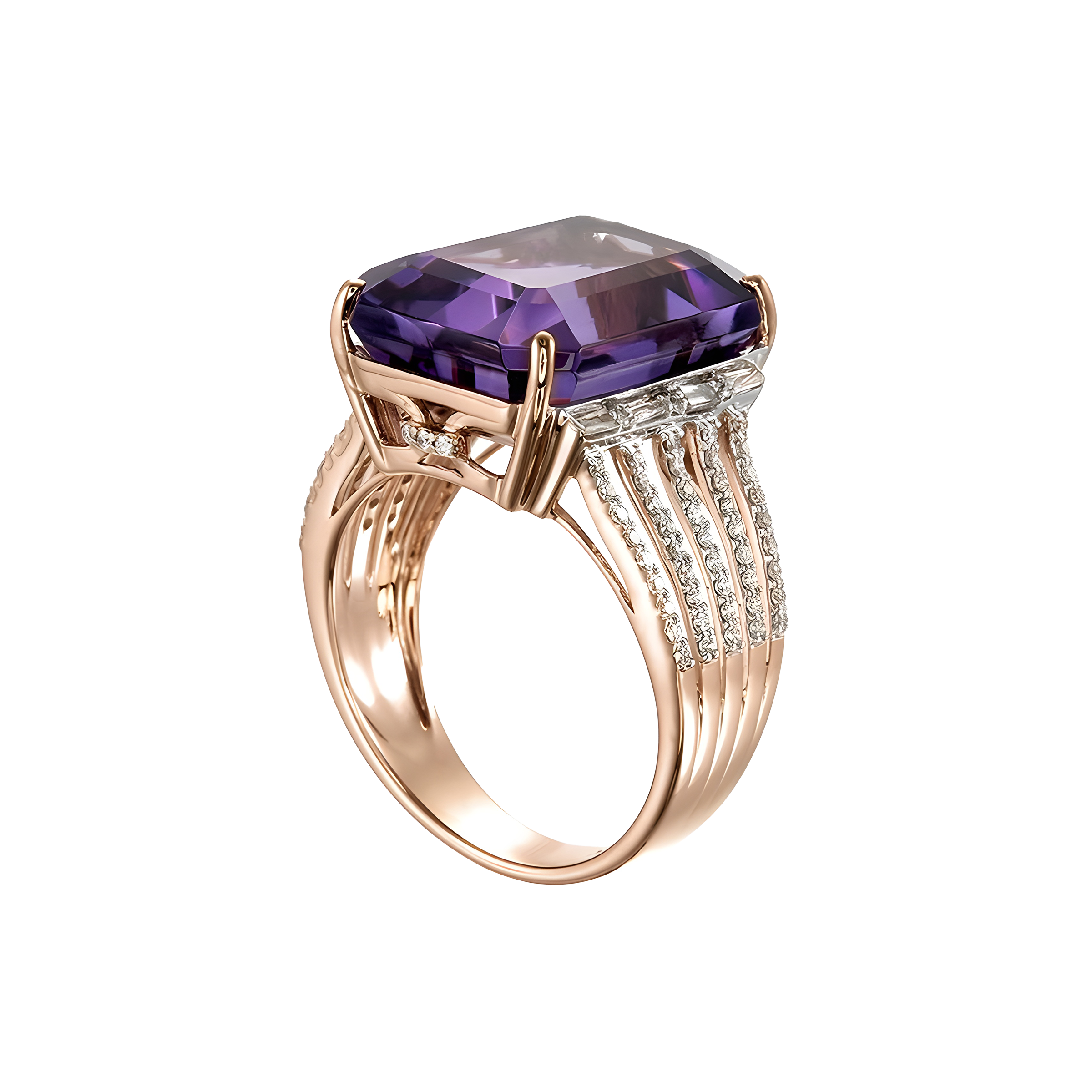 Octagon Amethyst and Diamond Split Ring in 18k Rose Gold