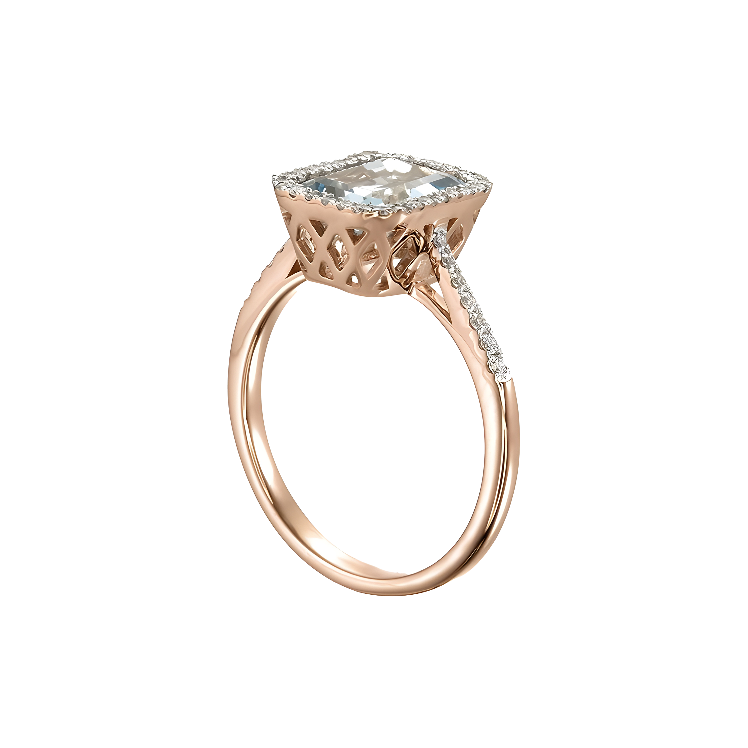 Octagon Aquamarine and Diamond Halo Ring for Women in 18k Rose Gold
