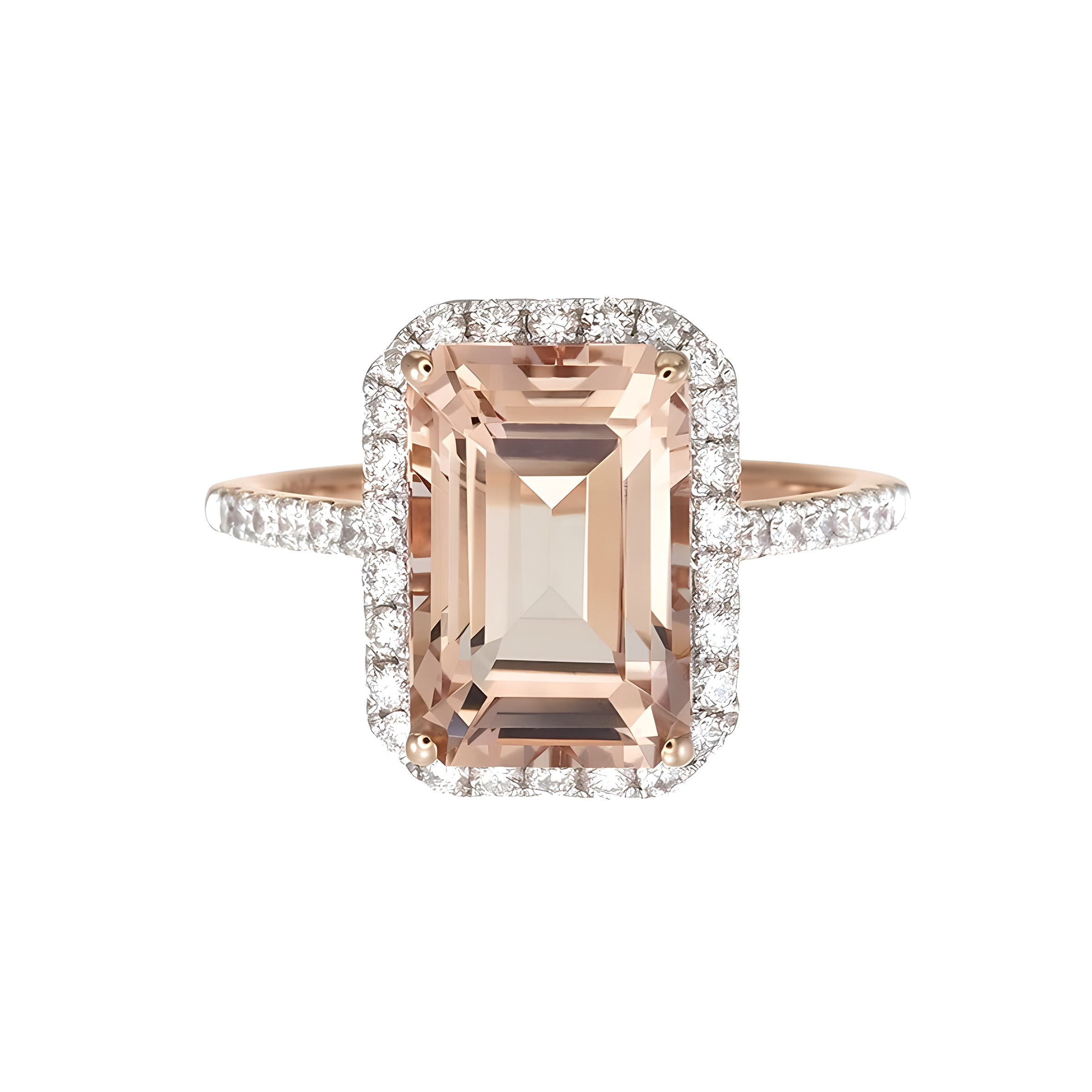 Octagon Morganite and Diamond Halo Ring in 18k Rose Gold