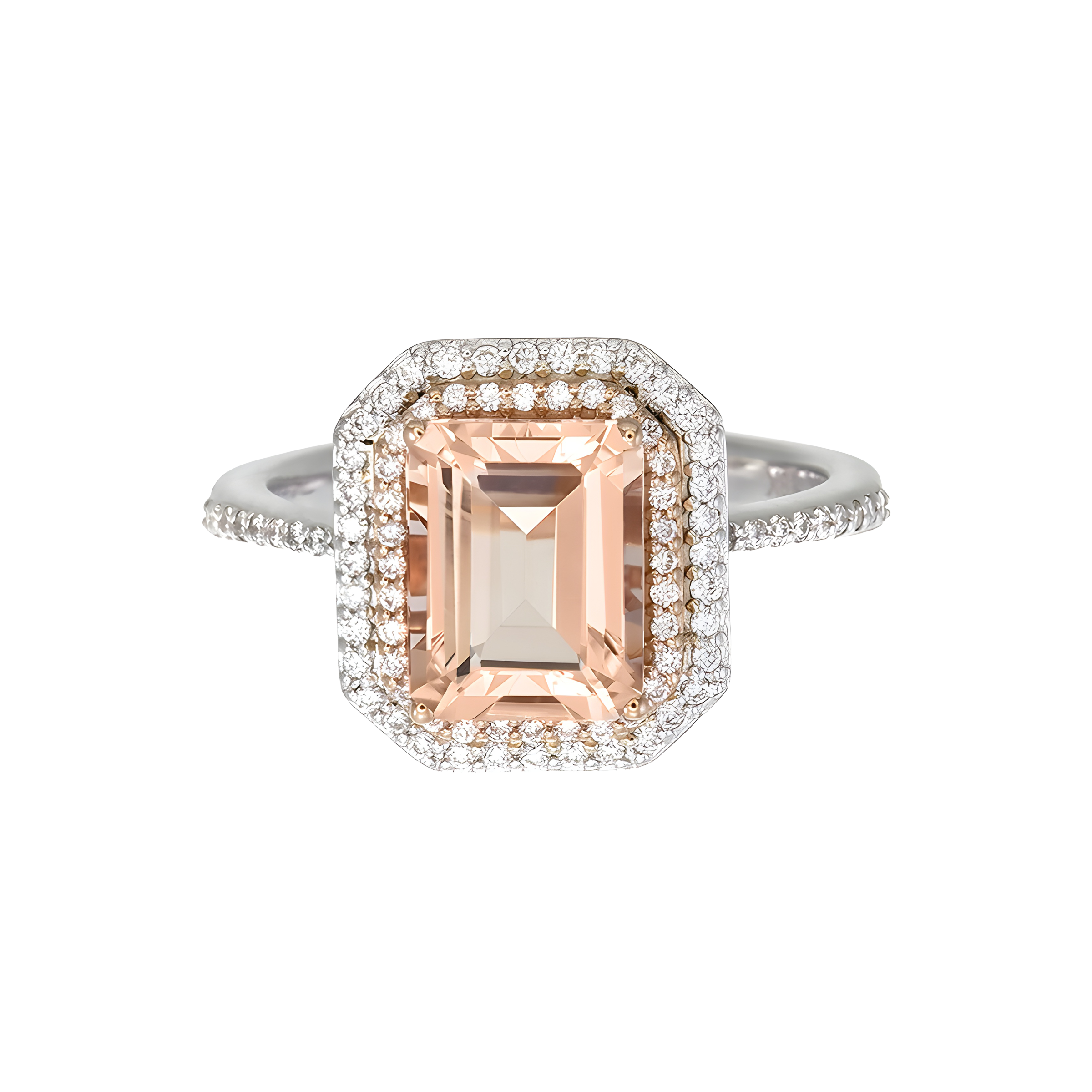 Octagon Morganite and Diamond Halo Ring in 18k Two Tone Gold