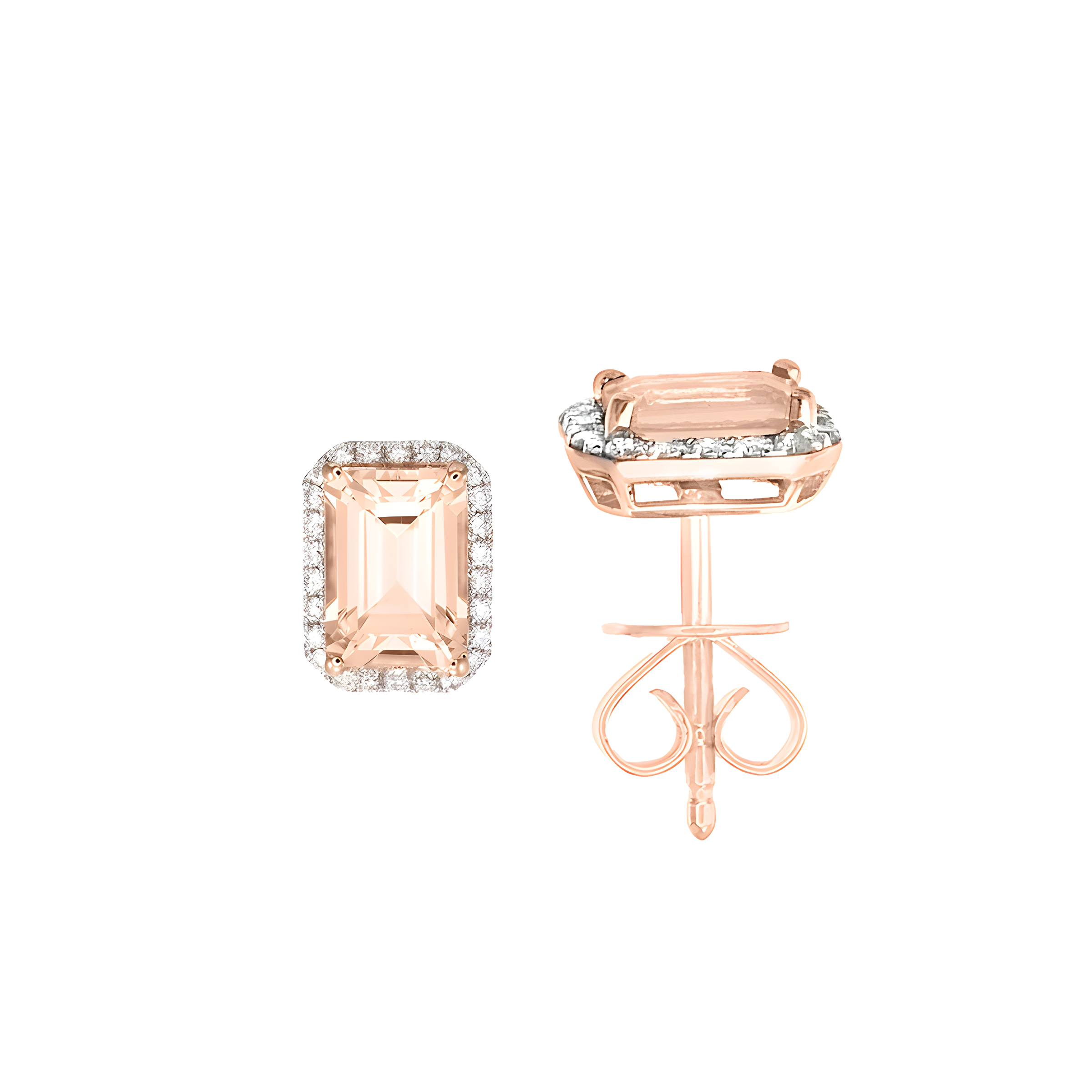 Octagon Shaped Morganite And Diamond Halo Stud Earrings in 18k Rose Gold