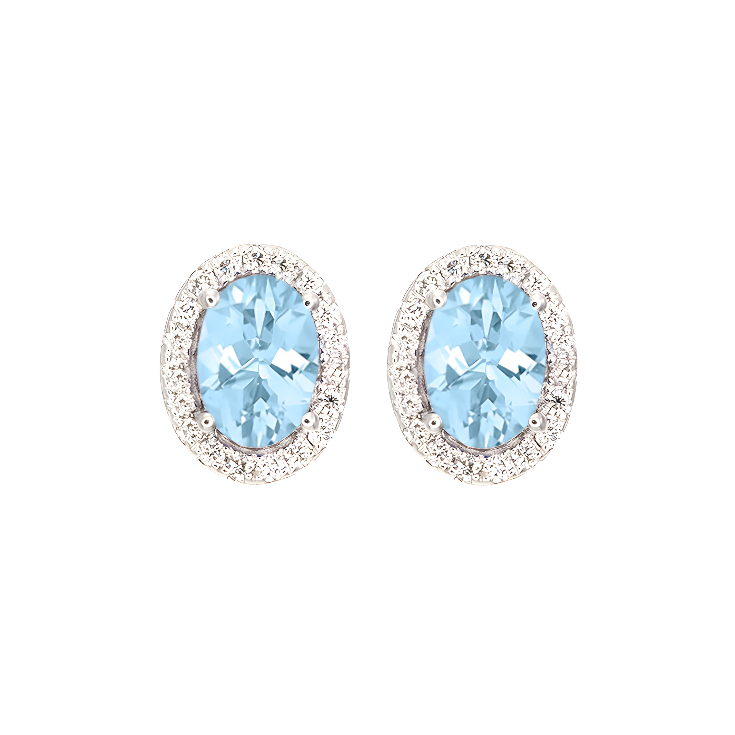 Oval Aquamarine And Diamond Halo Stud Earrings in 18k White Gold