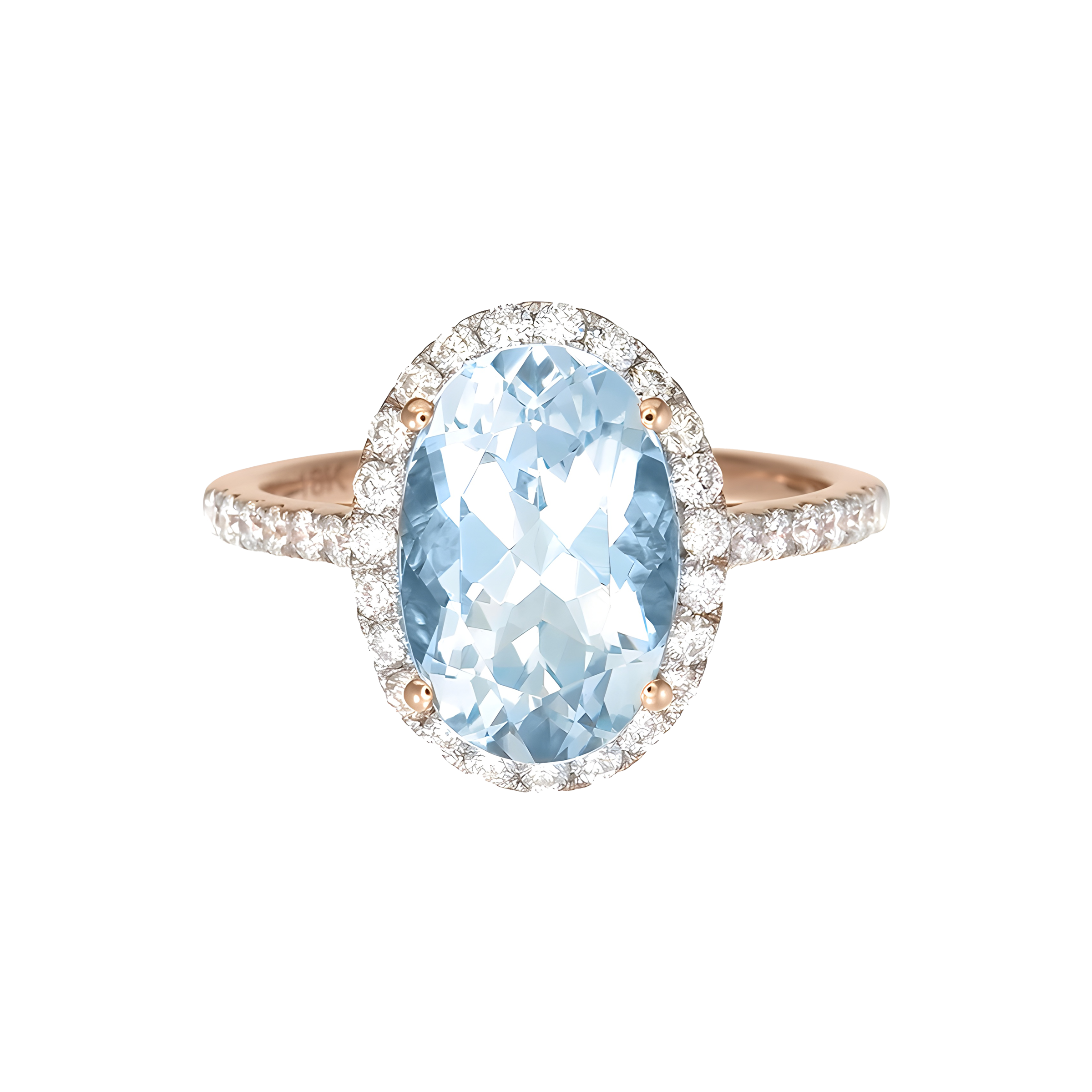 Oval Aquamarine and Diamond Halo Ring in 18k Rose Gold