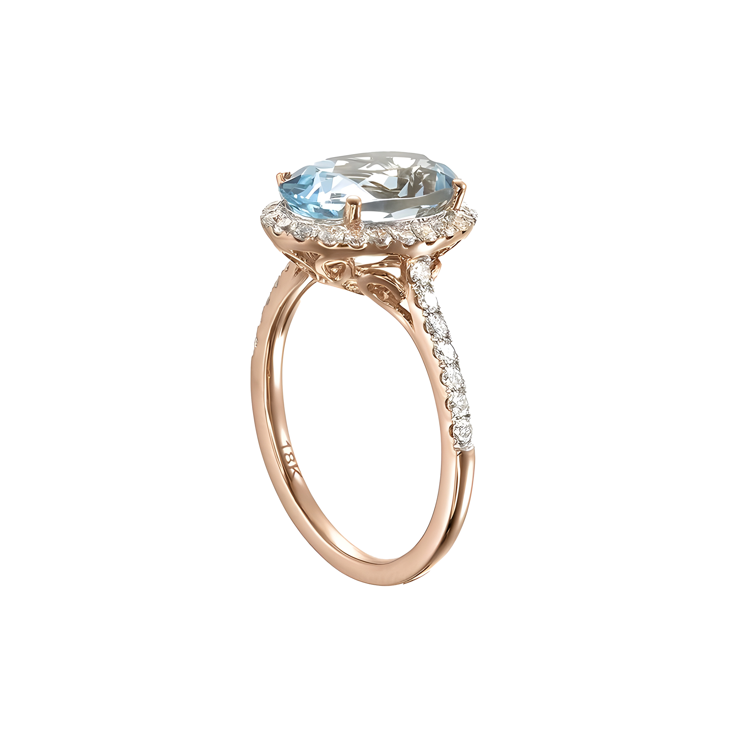 Oval Aquamarine and Diamond Halo Ring in 18k Rose Gold