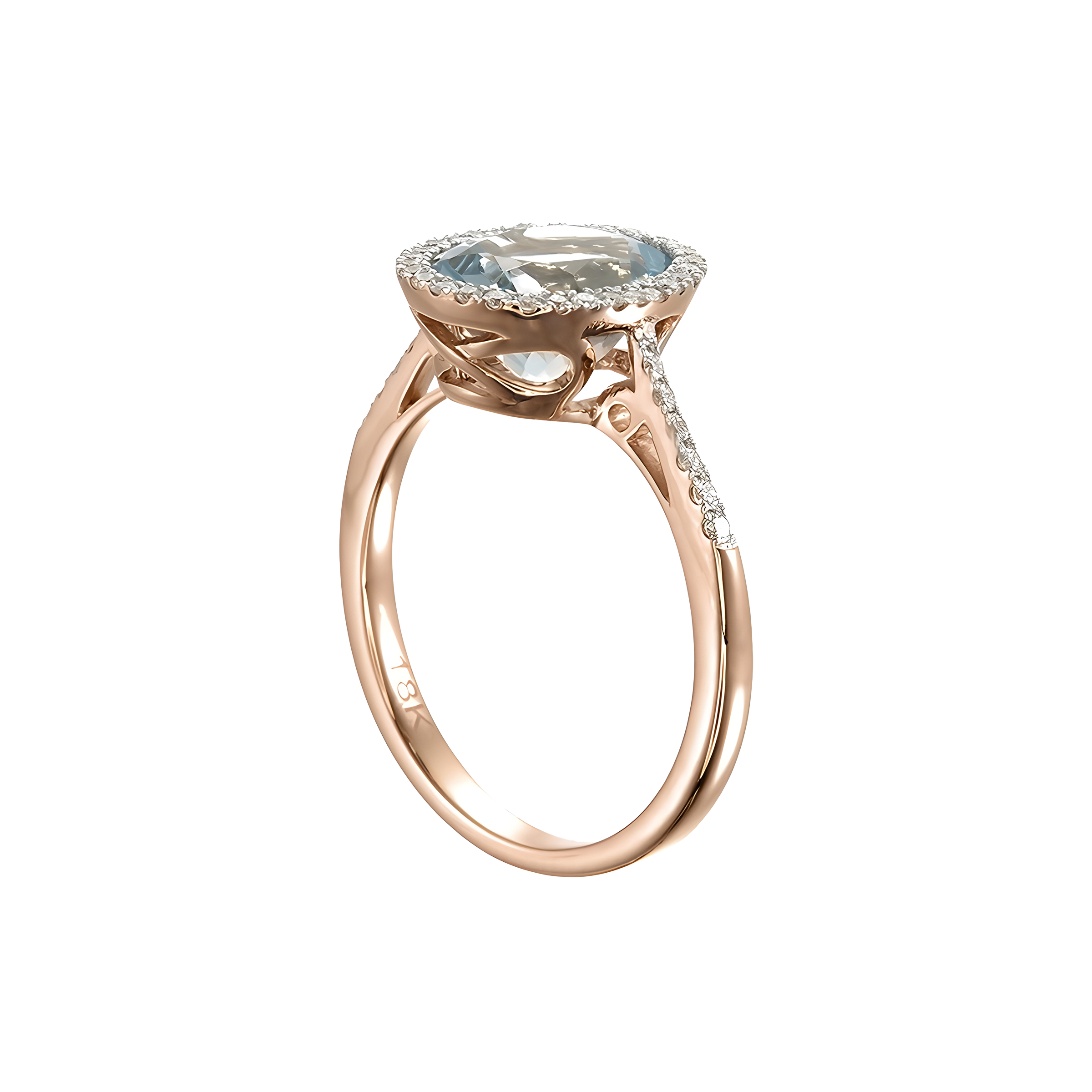 Oval Aquamarine and Diamond Halo Ring in 18k Rose Gold