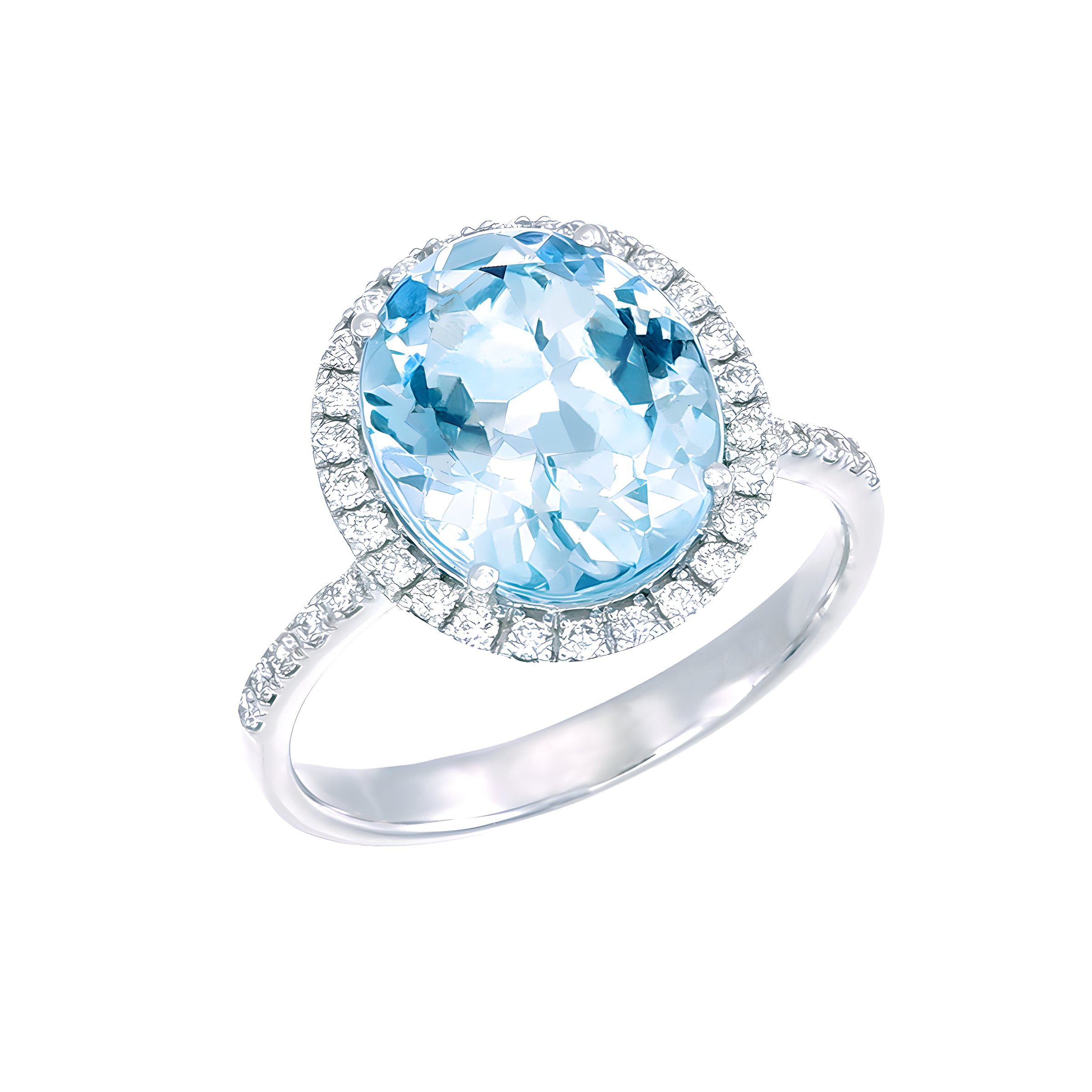 Oval Aquamarine and Diamond Halo Ring in 18k White Gold for Women