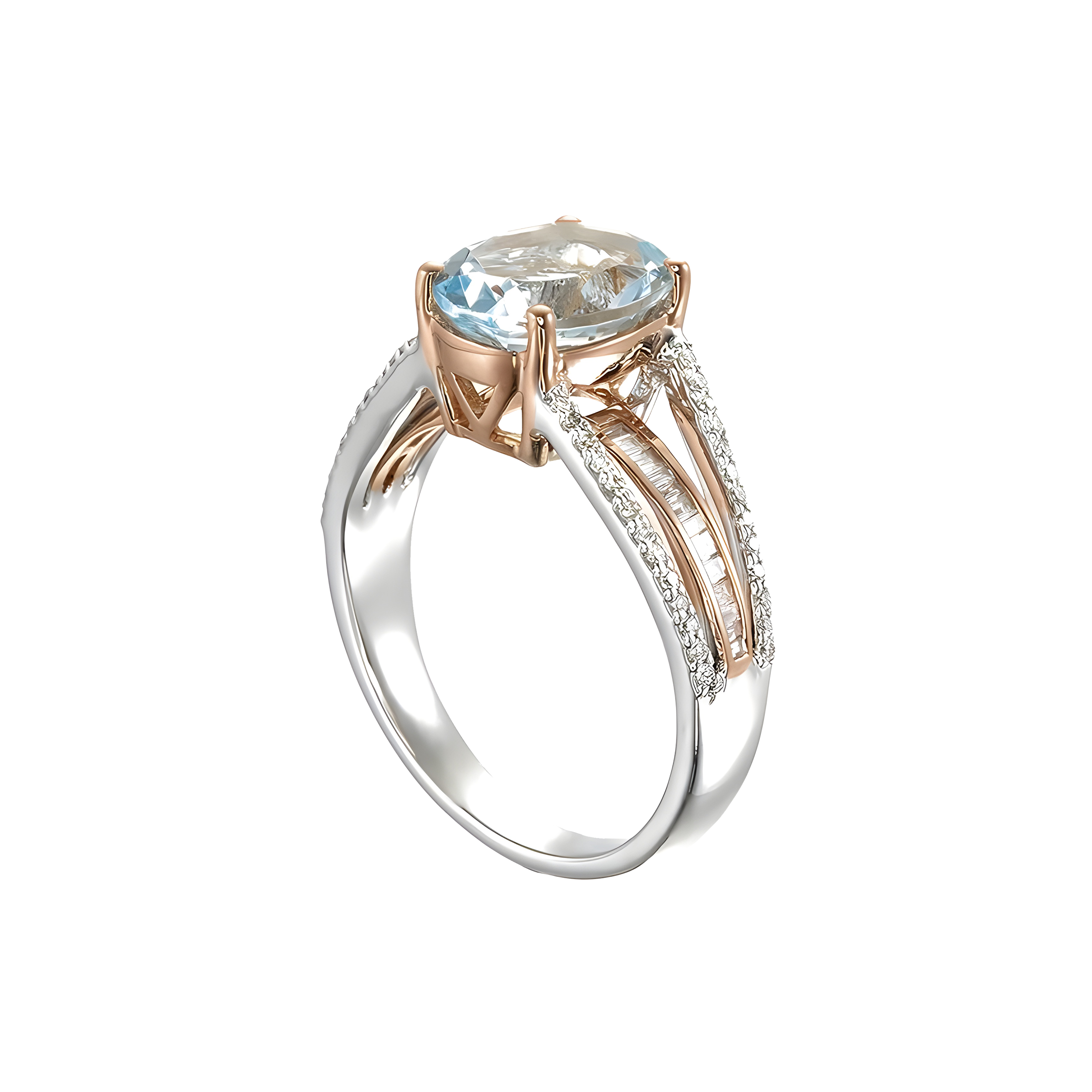 Oval Aquamarine and Diamond Split Ring in 18k Two Tone Gold