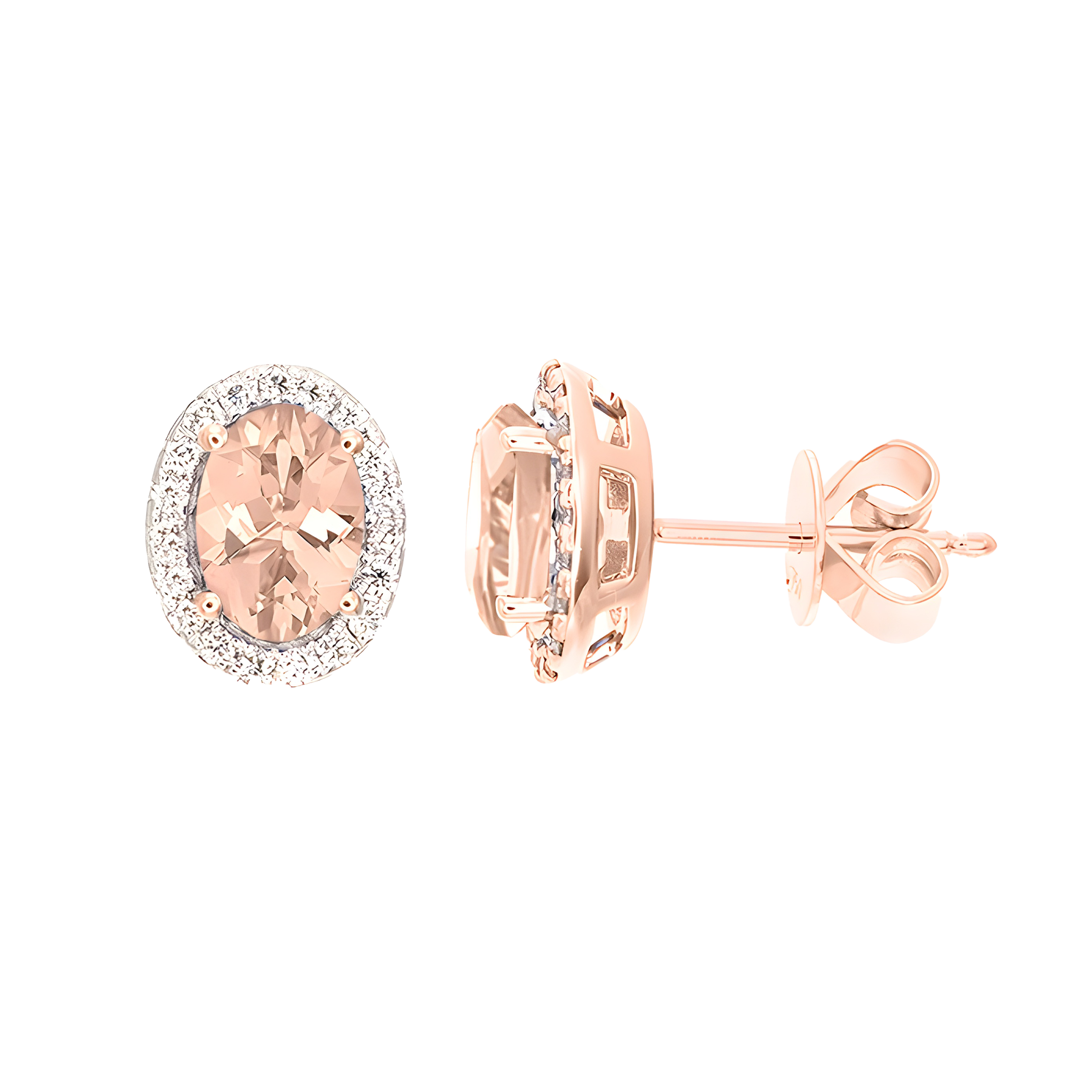 Oval Morganite And Diamond Halo Stud Earrings in 18k Rose Gold