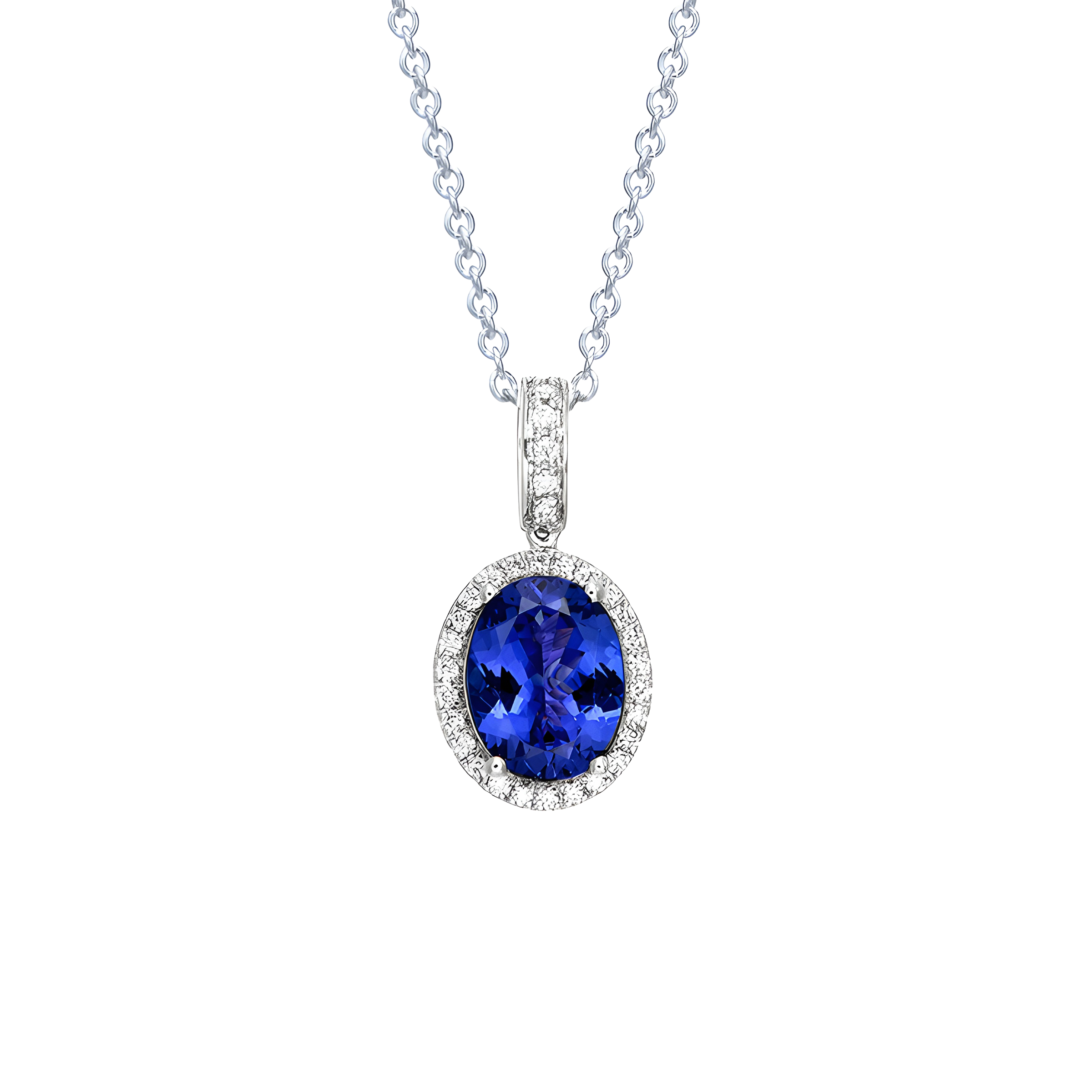 Oval Tanzanite and Diamond Halo Pendant Necklace in 18k White Gold