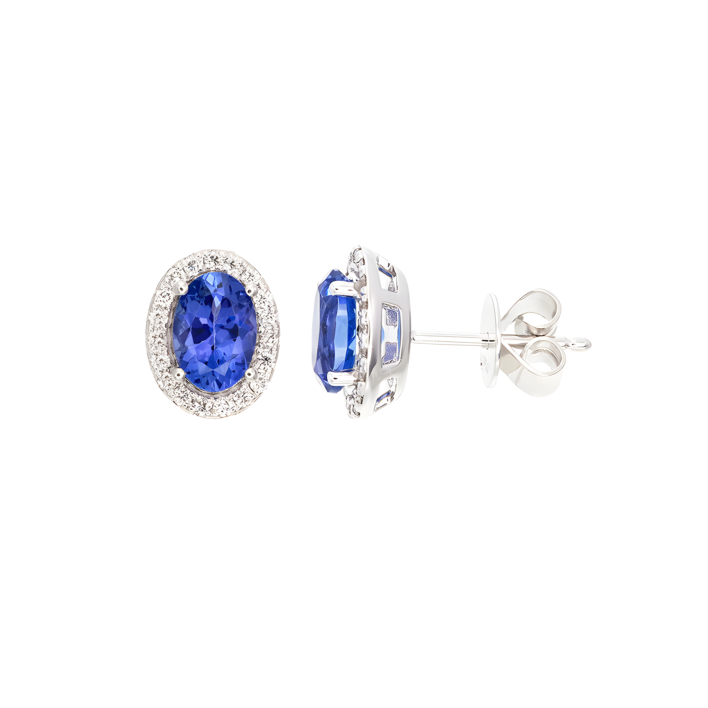 Oval Tanzanite and Diamond Halo Stud Earrings in 18k White Gold