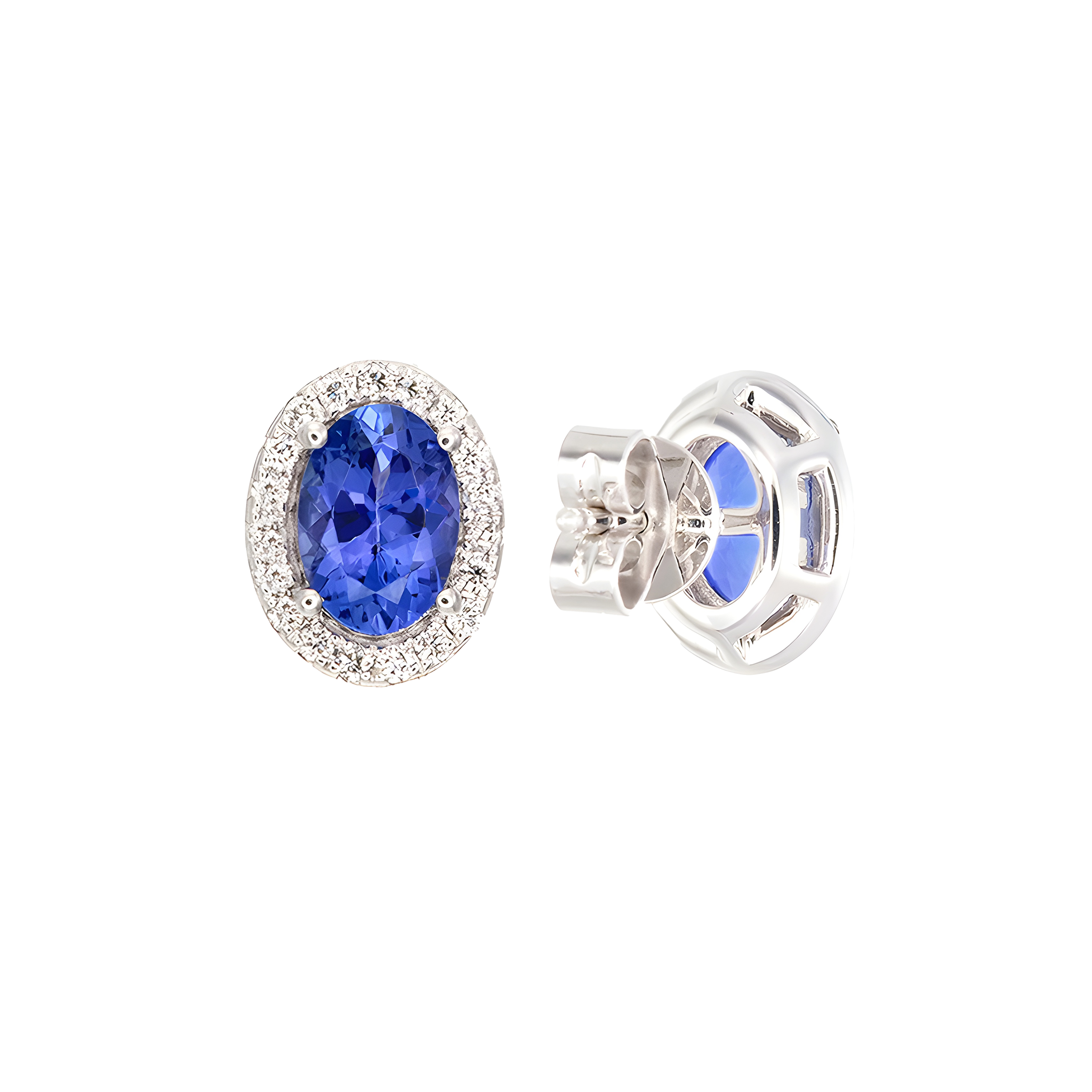 Oval Tanzanite and Diamond Halo Stud Earrings in 18k White Gold