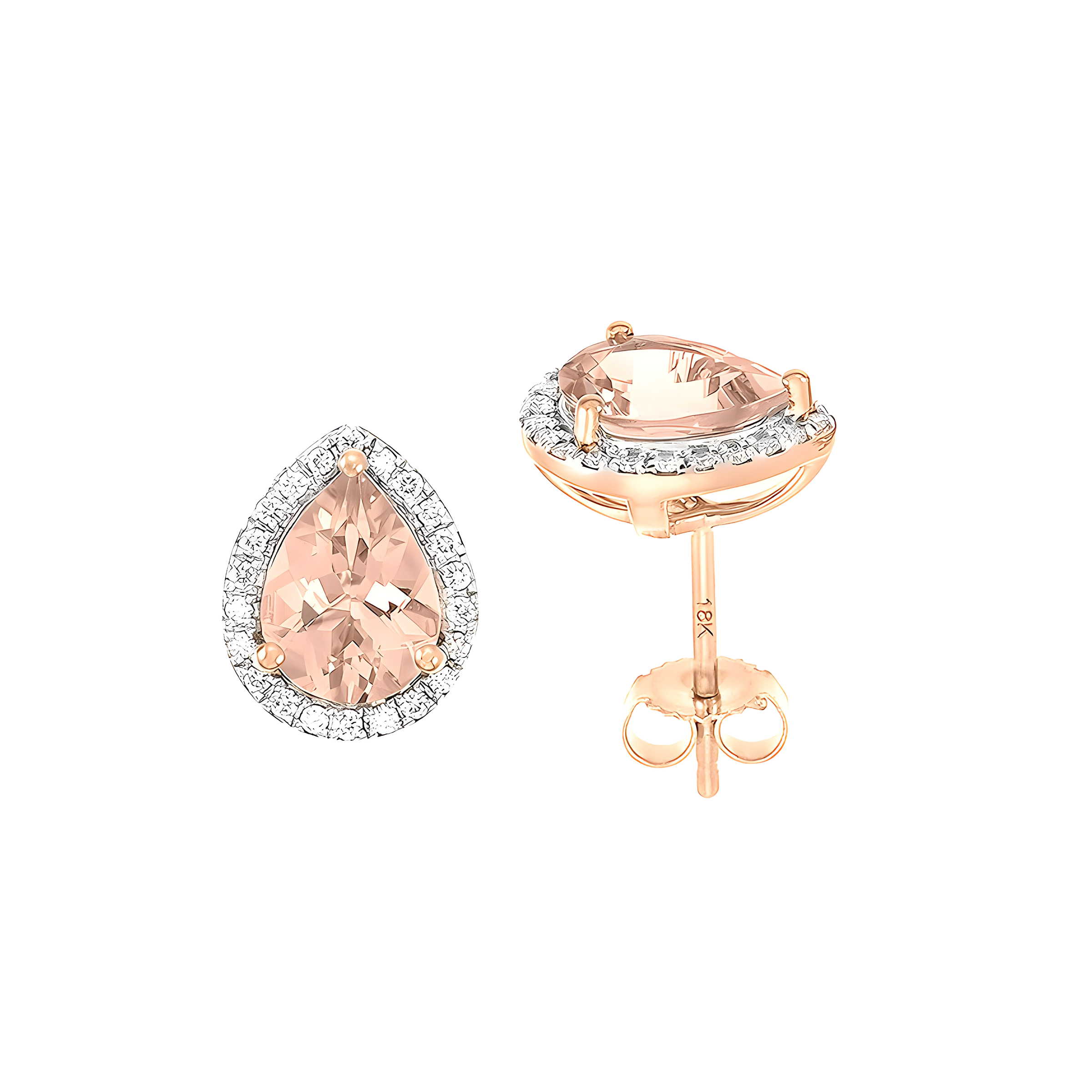 Pear Morganite And Diamond Halo Stud Earrings in 18k Rose Gold