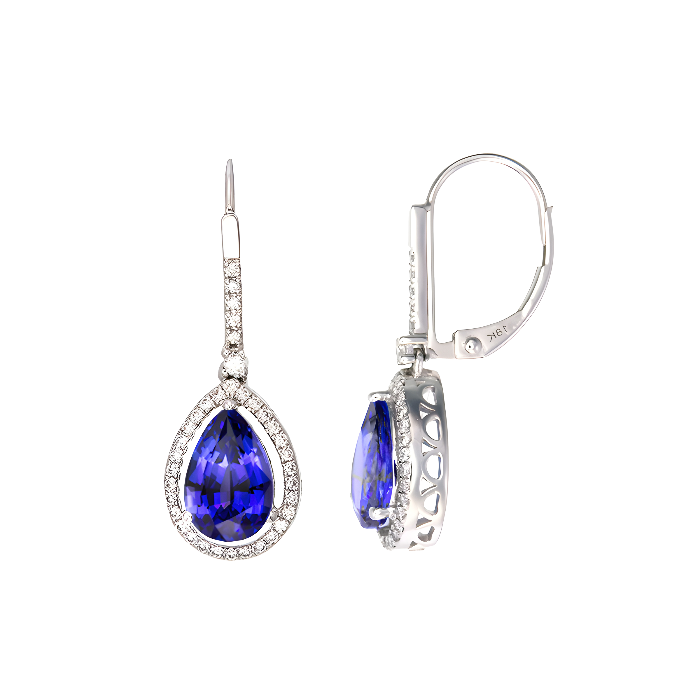 Pear Tanzanite and Diamond Halo Earrings in 18k White Gold