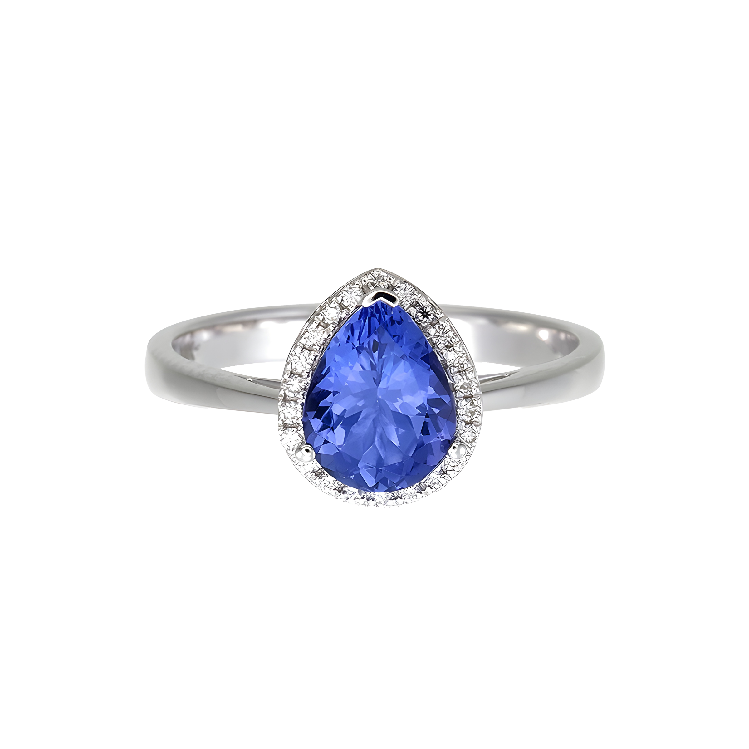 Pear Tanzanite and Diamond Halo Ring in 18k White Gold