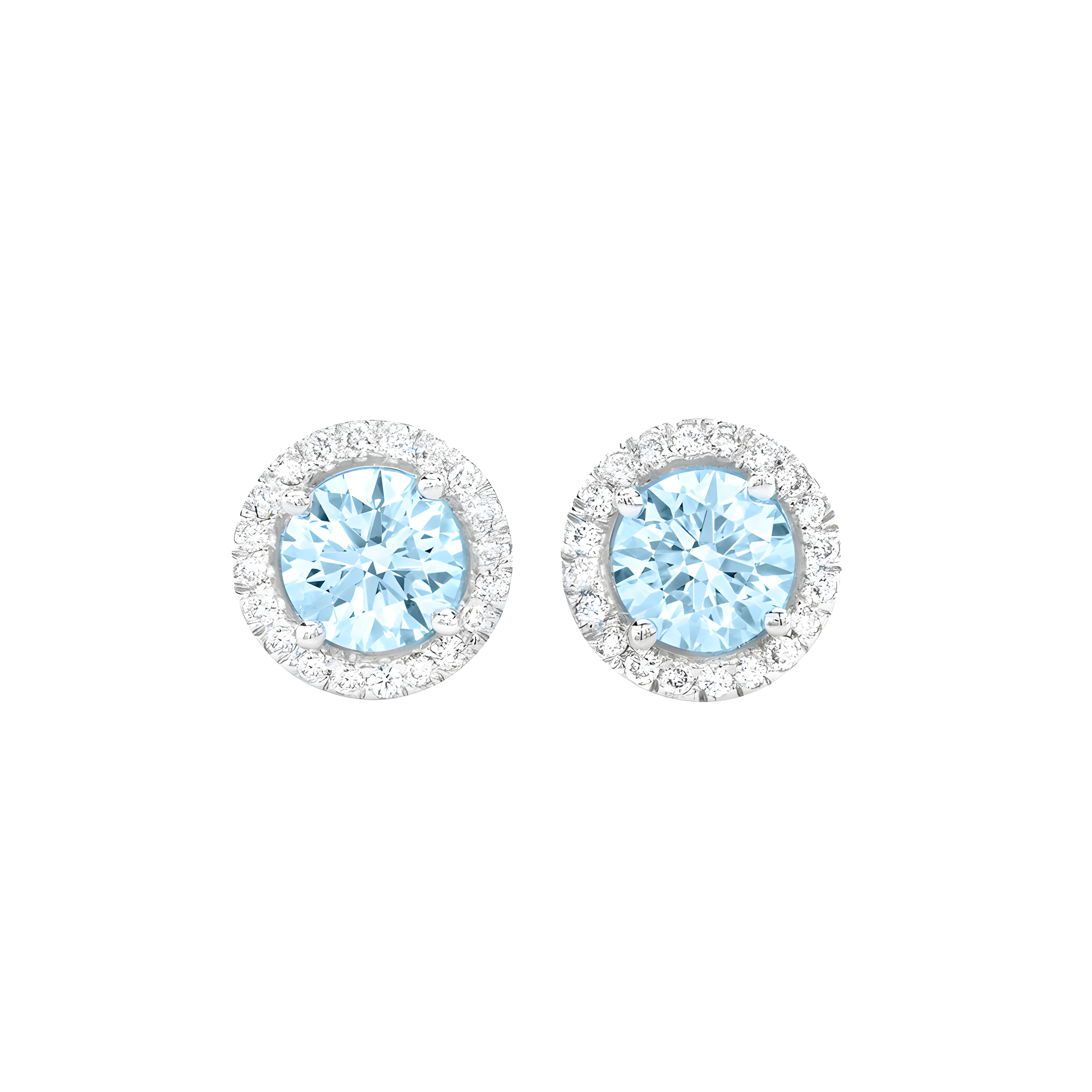 Round Aquamarine And Diamond Halo Stud Earrings in 18k White Gold