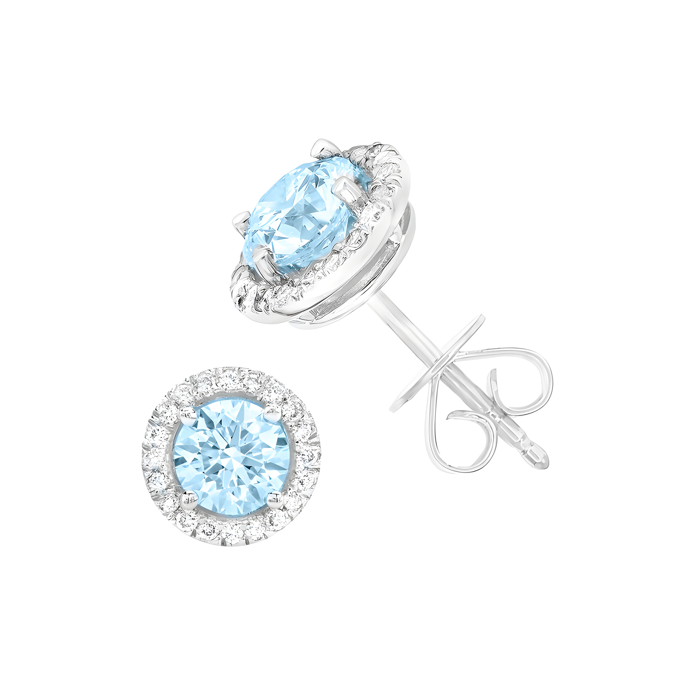 Round Aquamarine And Diamond Halo Stud Earrings in 18k White Gold