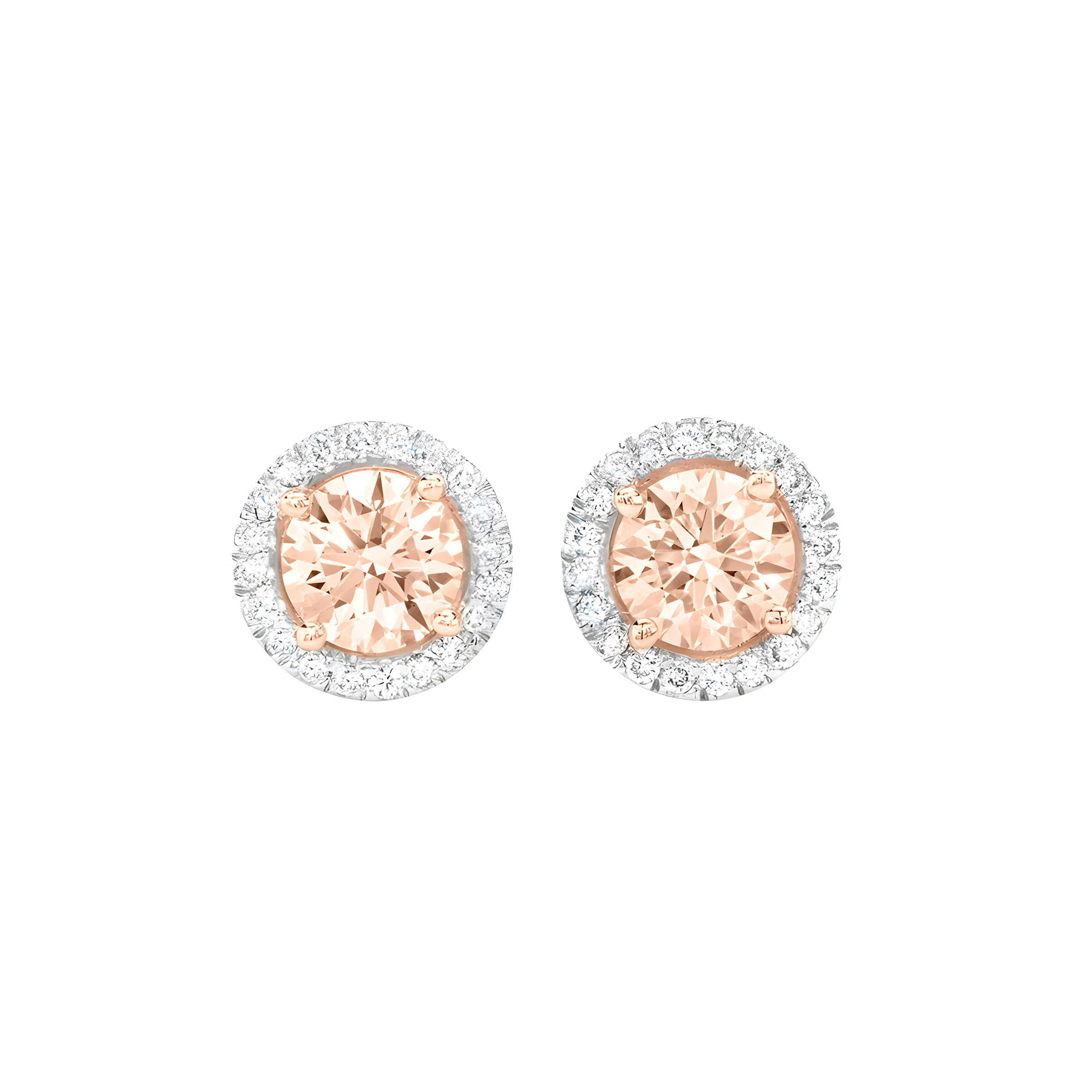 Round Morganite And Diamond Halo Stud Earrings in 18k Rose Gold
