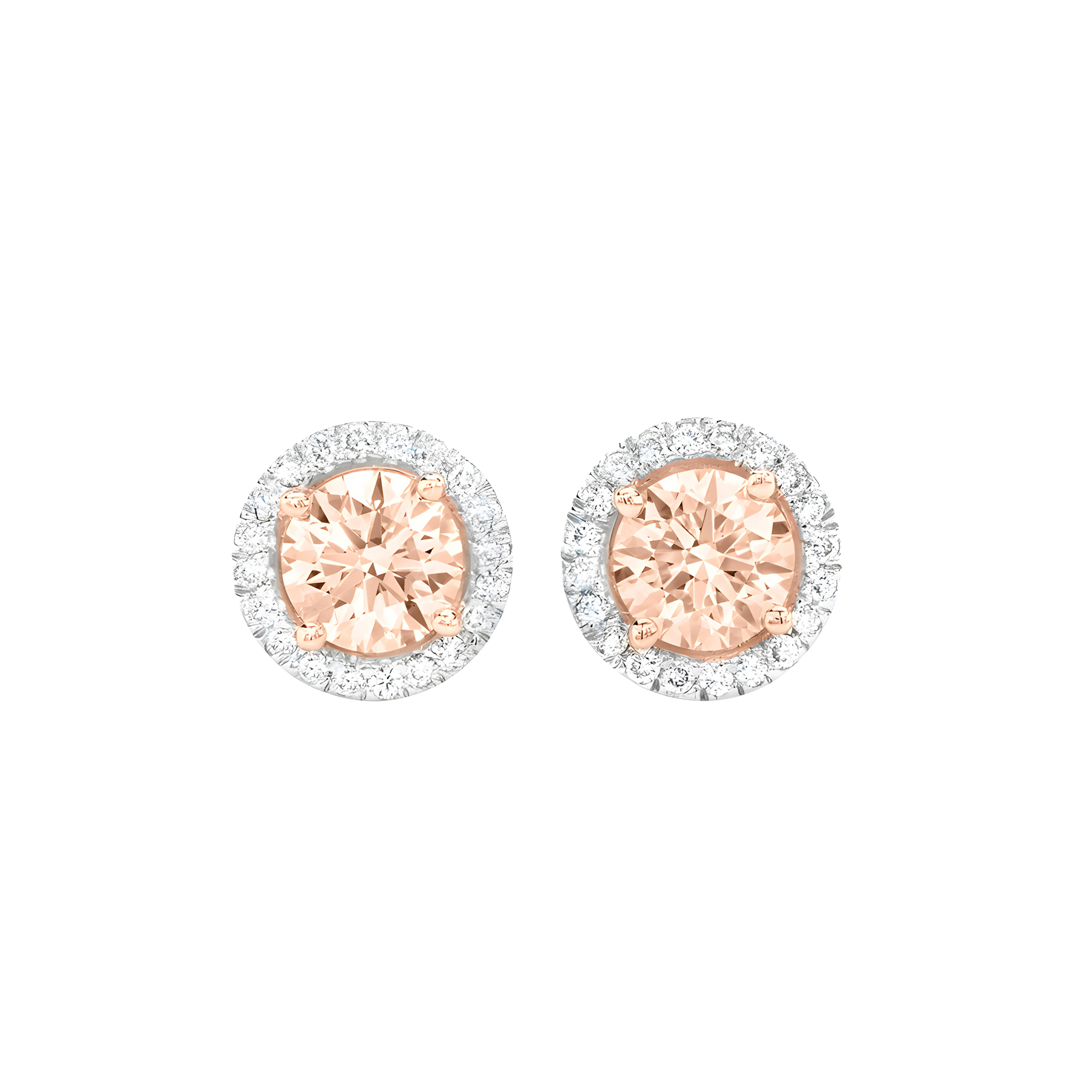 Round Morganite And Diamond Halo Stud Earrings in 18k Rose Gold