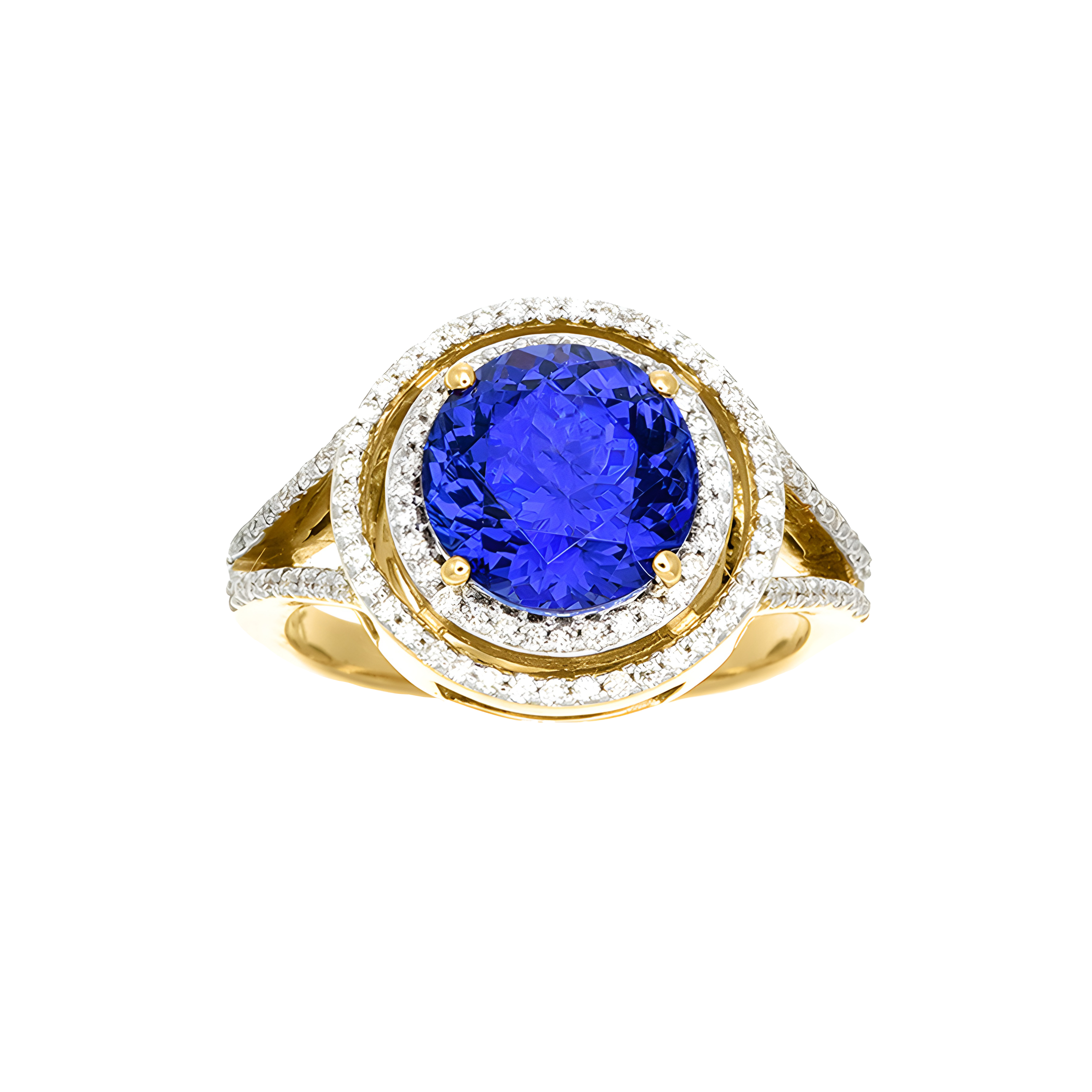 Round Tanzanite and Diamond Halo Split Ring in 18K Yellow Gold