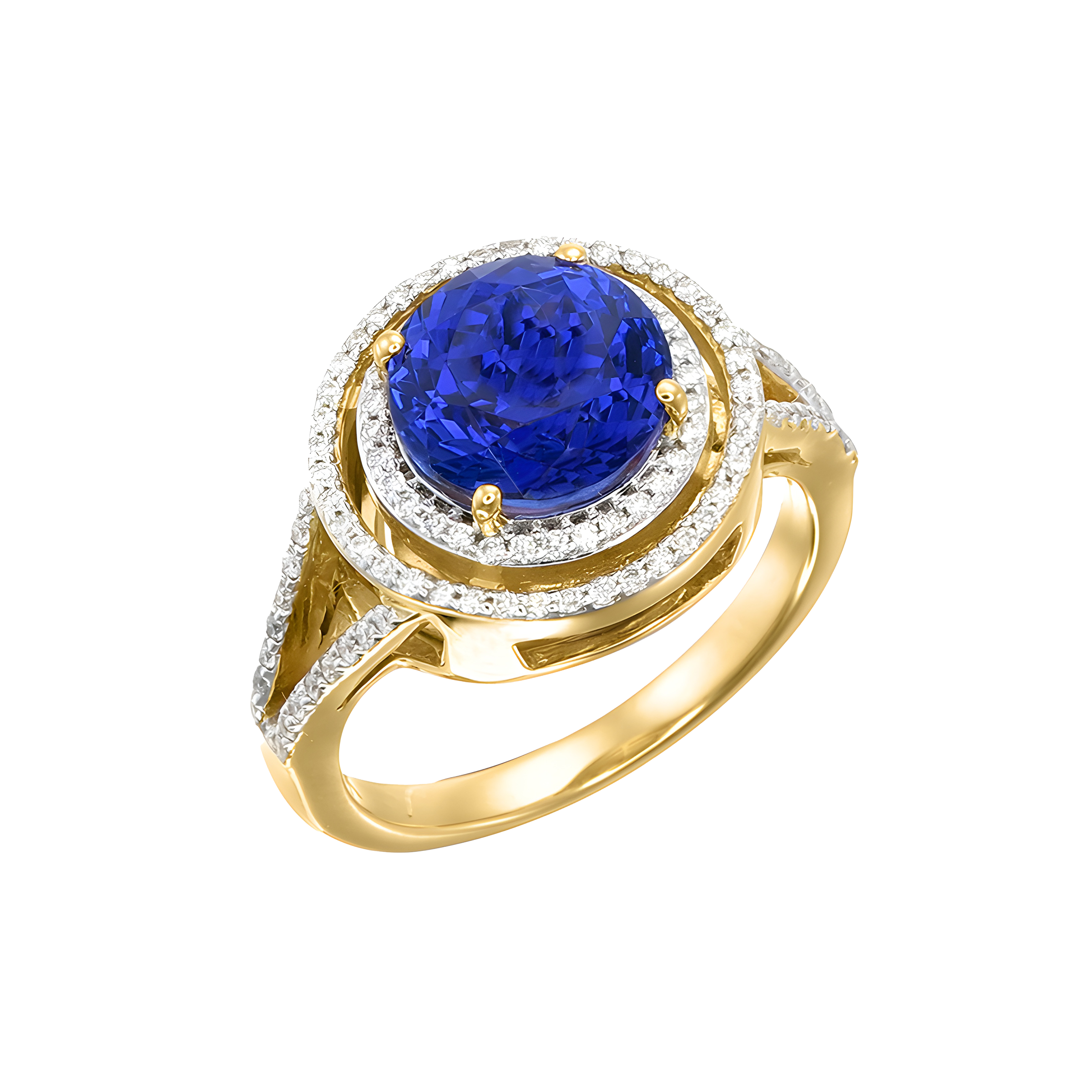 Round Tanzanite and Diamond Halo Split Ring in 18K Yellow Gold