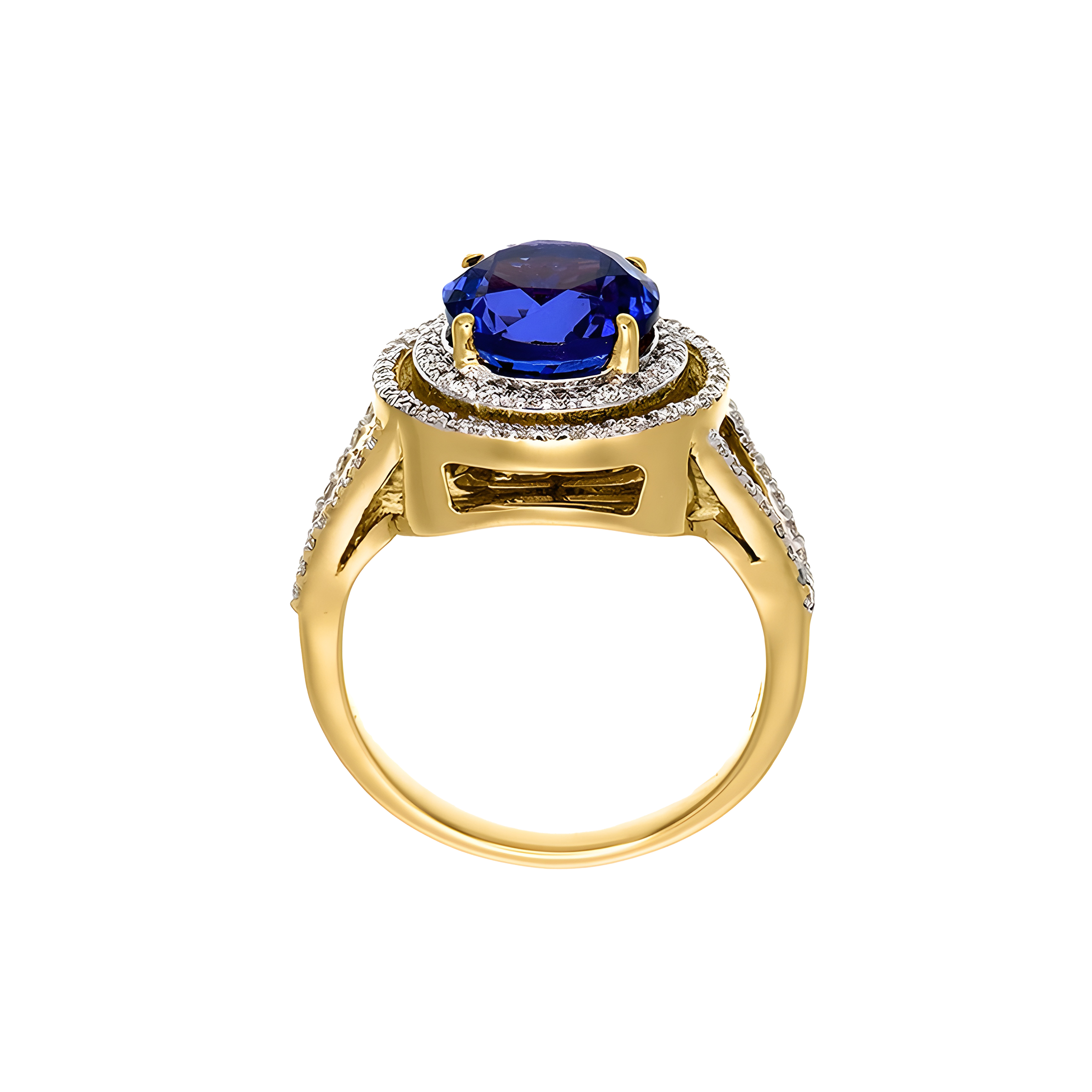 Round Tanzanite and Diamond Halo Split Ring in 18K Yellow Gold