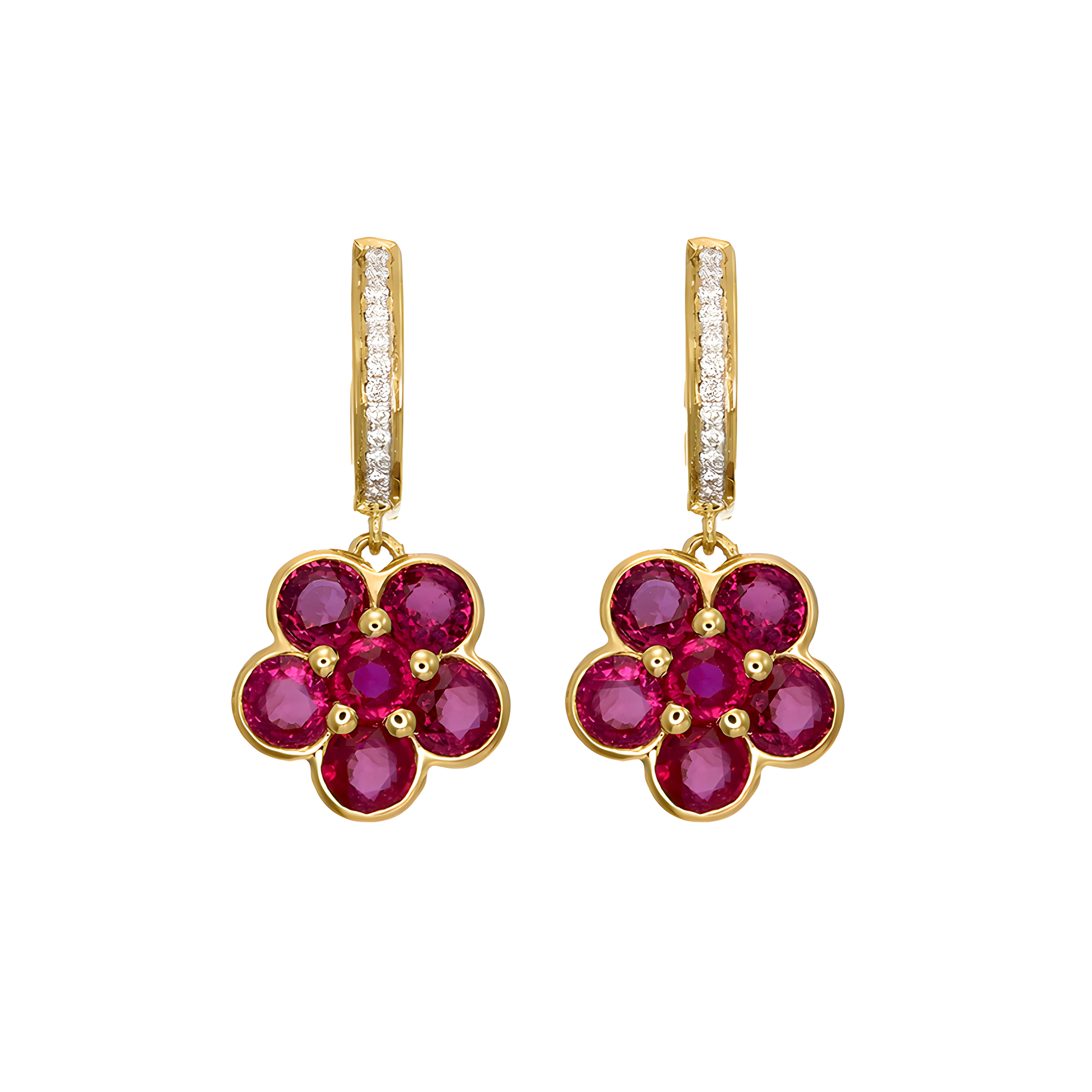 Ruby and Diamond Floral Cluster Drop Earrings in 18k Yellow Gold for Women