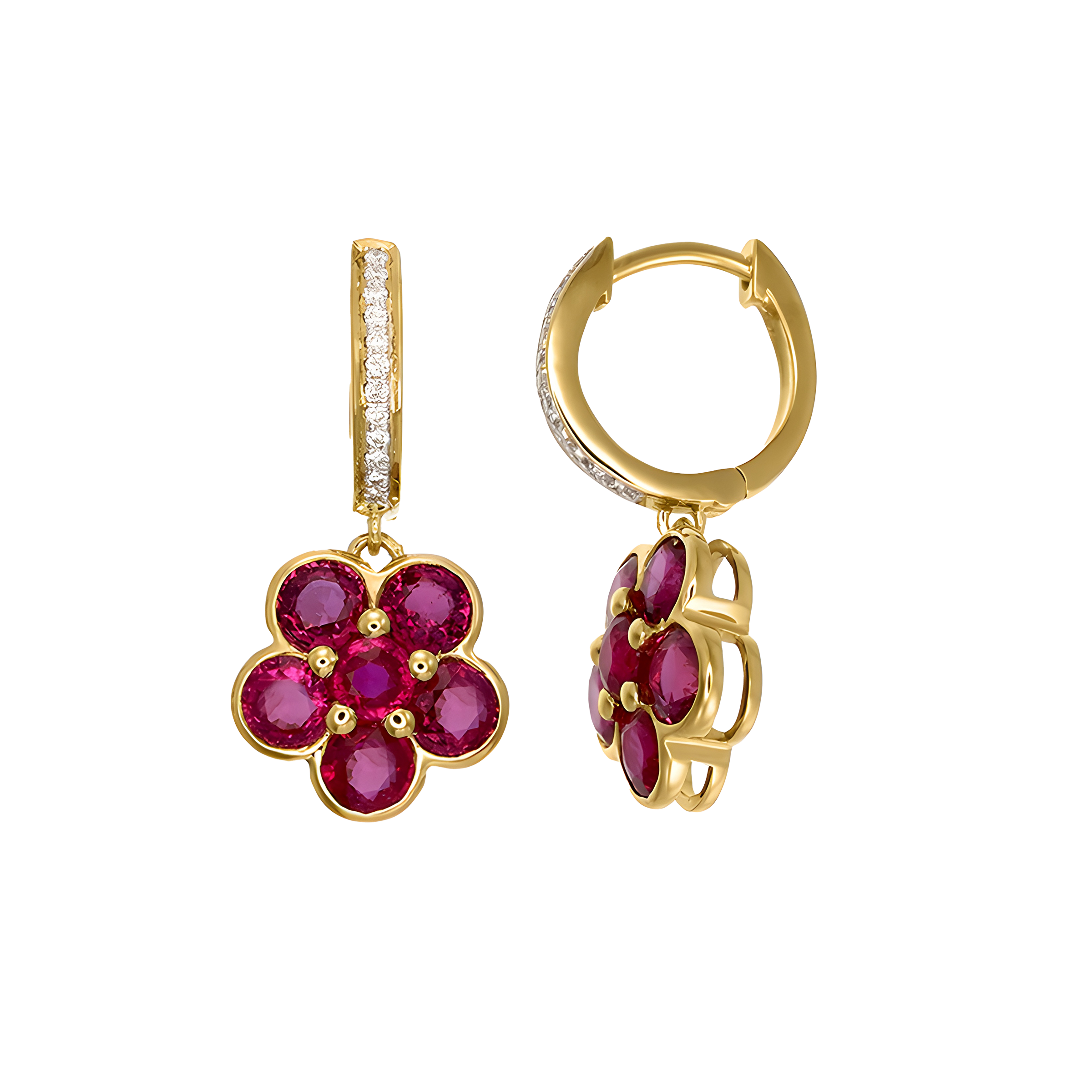 Ruby and Diamond Floral Cluster Drop Earrings in 18k Yellow Gold for Women