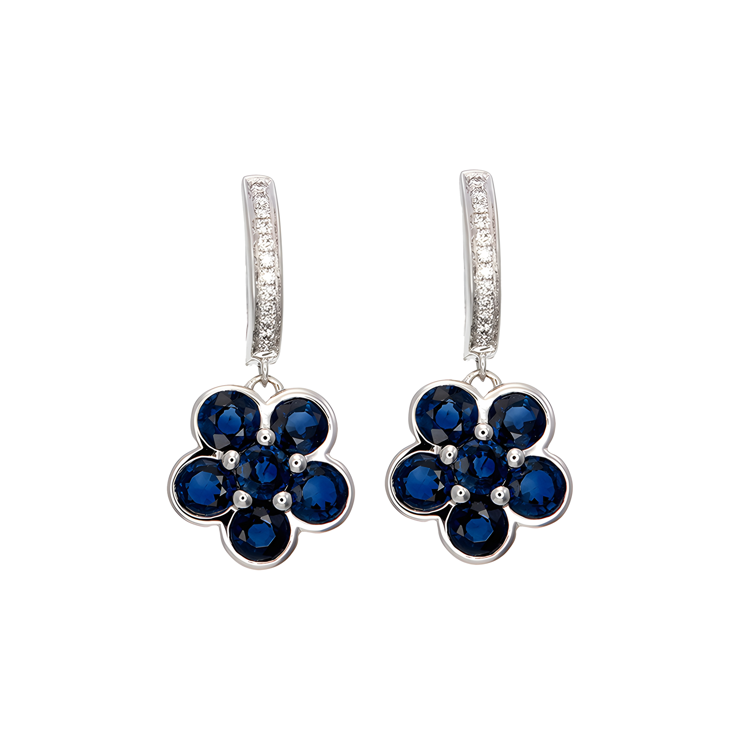 Sapphire and Diamond Floral Cluster Drop Earrings in 18k White Gold