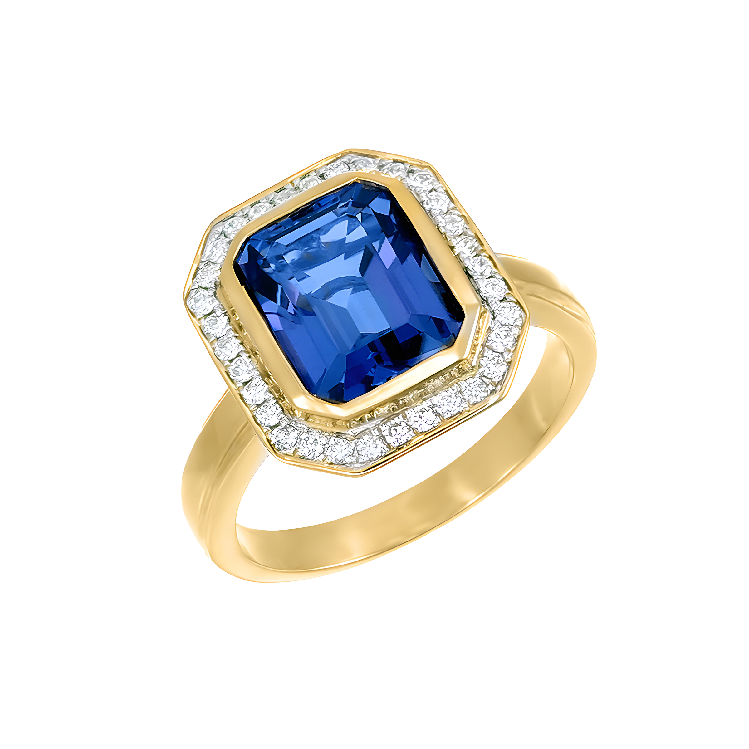Tanzanite and Diamond Halo Octagon Ring in 18k Yellow Gold