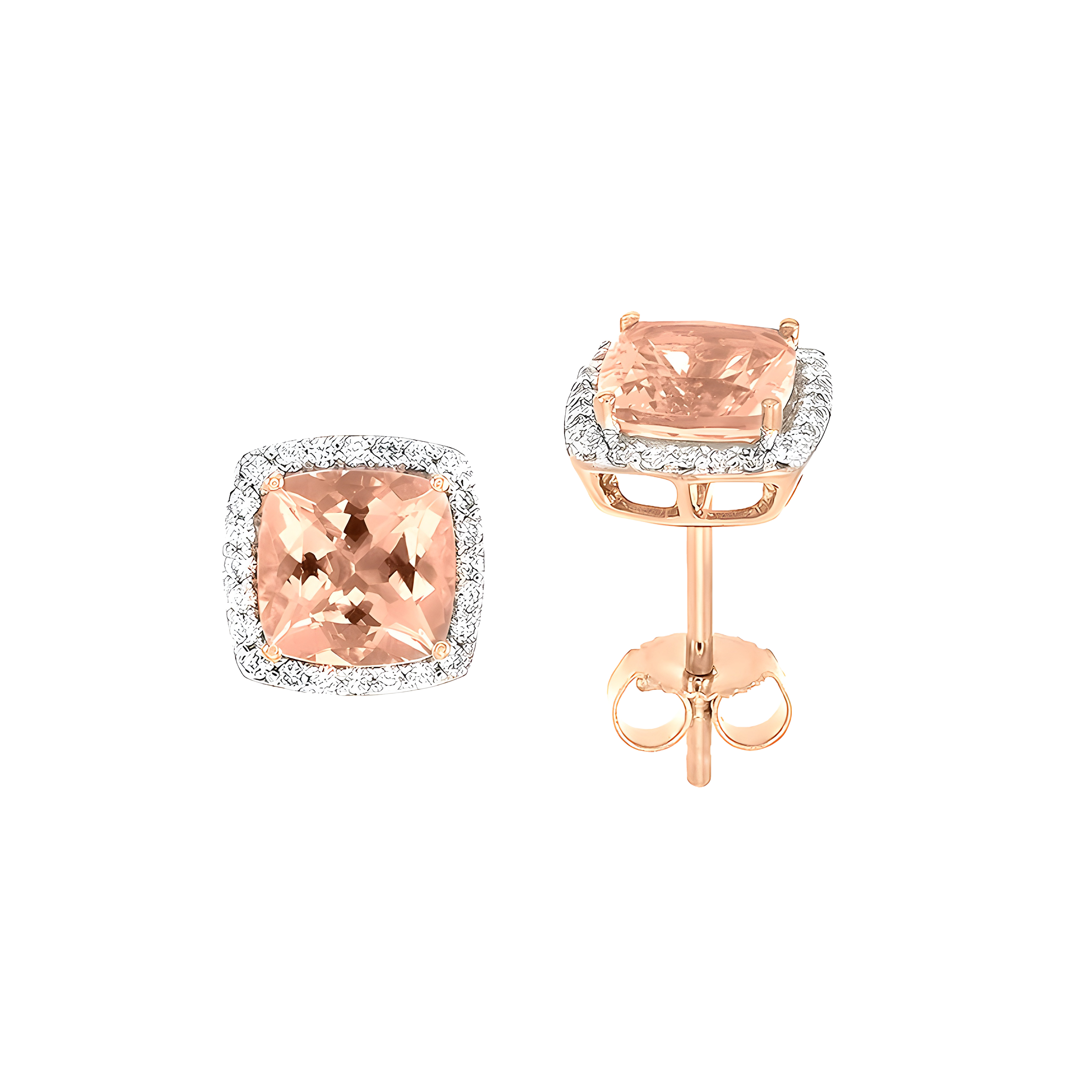 Cushion Morganite And Diamond Halo Stud Earring in 18k Rose Gold